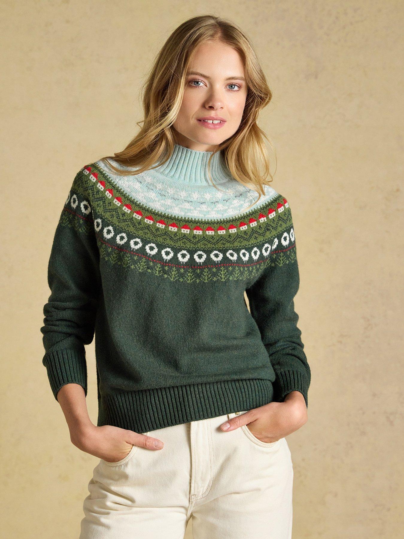 Joules Alba Fair Isle High Neck Cotton-Blend Jumper, Green, Size M, Women