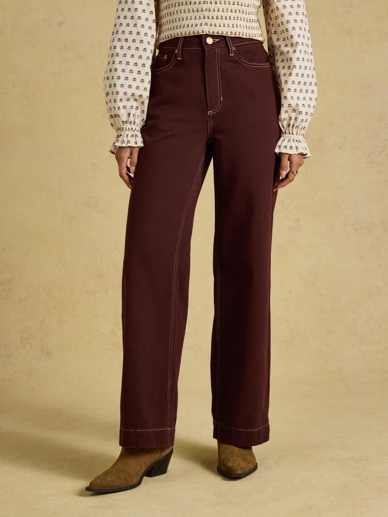 Joules Women's High Rise Wide Leg Jeans, Brown, Size 16, Women