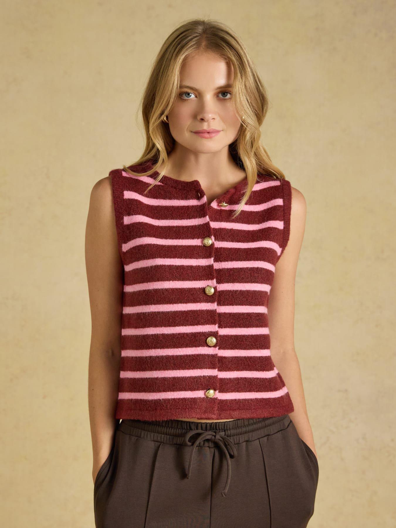 Joules Womens Holly Button-Through Stripe Knitted Vest, Pink, Size Xxl, Women