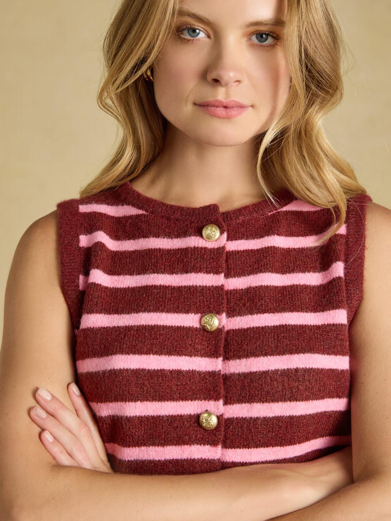 Image 4 of 6 of Joules Womens Holly Button-Through Stripe Knitted Vest - Pink