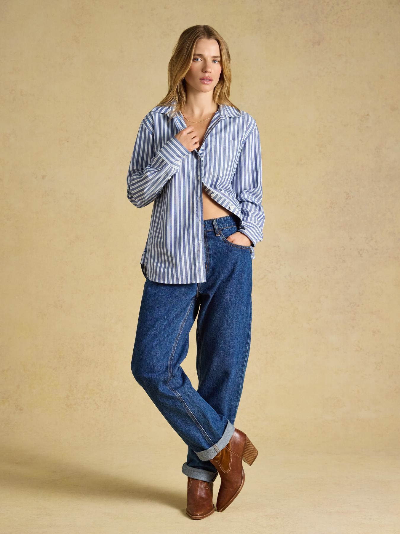 Image 6 of 6 of Joules Women's Boyfriend Oxford Stripe Shirt - Blue