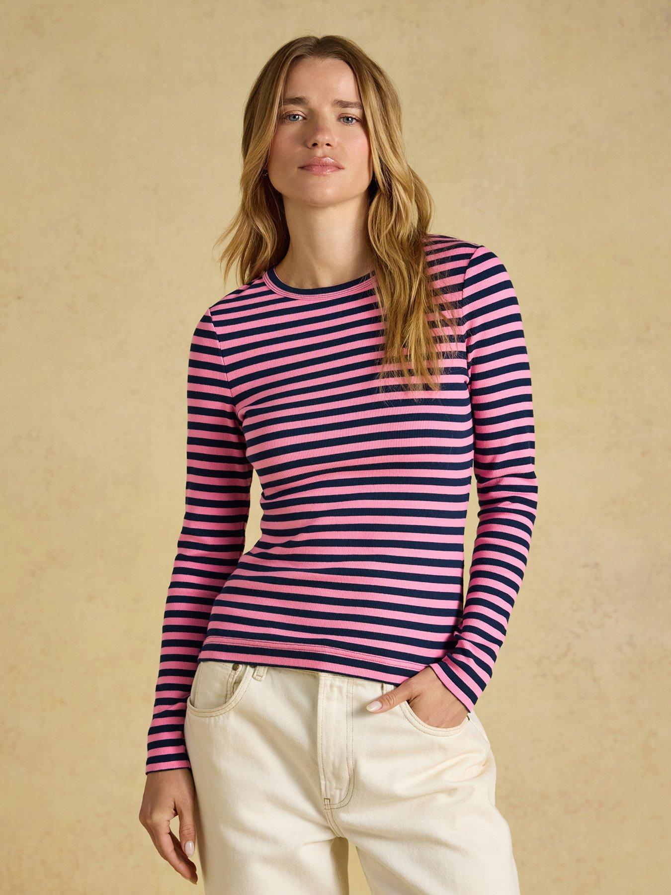Joules Women's Sophie Striped Ribbed Cotton Blend Top with Crew Neck, Navy, Size 14, Women