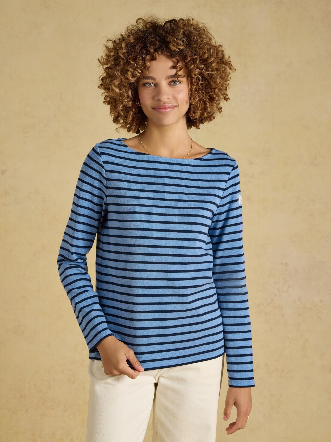 Joules Women's Harbour Boat Neck Breton Top, Blue/White, Size 14, Women