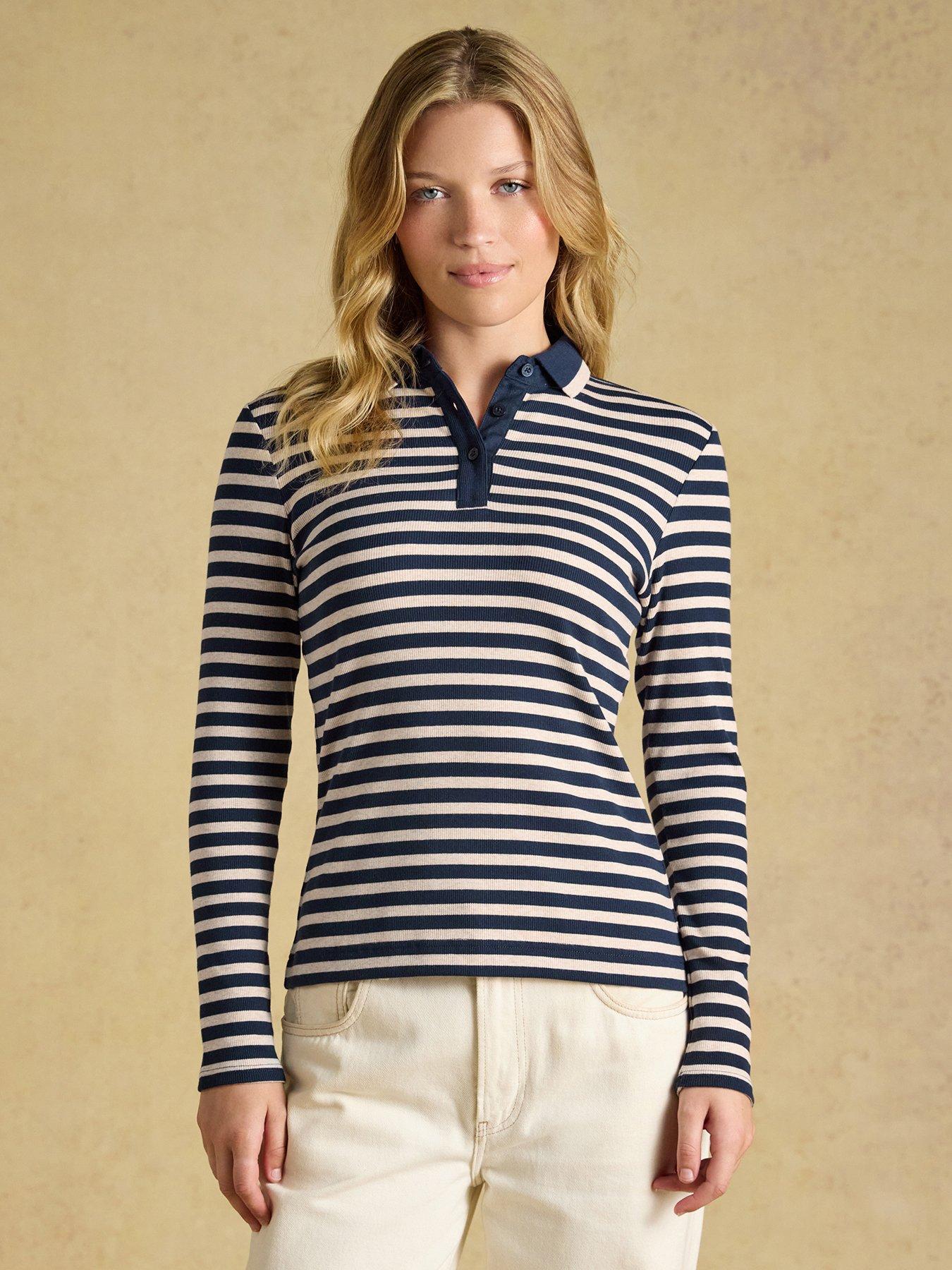 Image 1 of 7 of Joules Striped Long Sleeve Ribbed Polo Shirt - Navy &amp; Cream