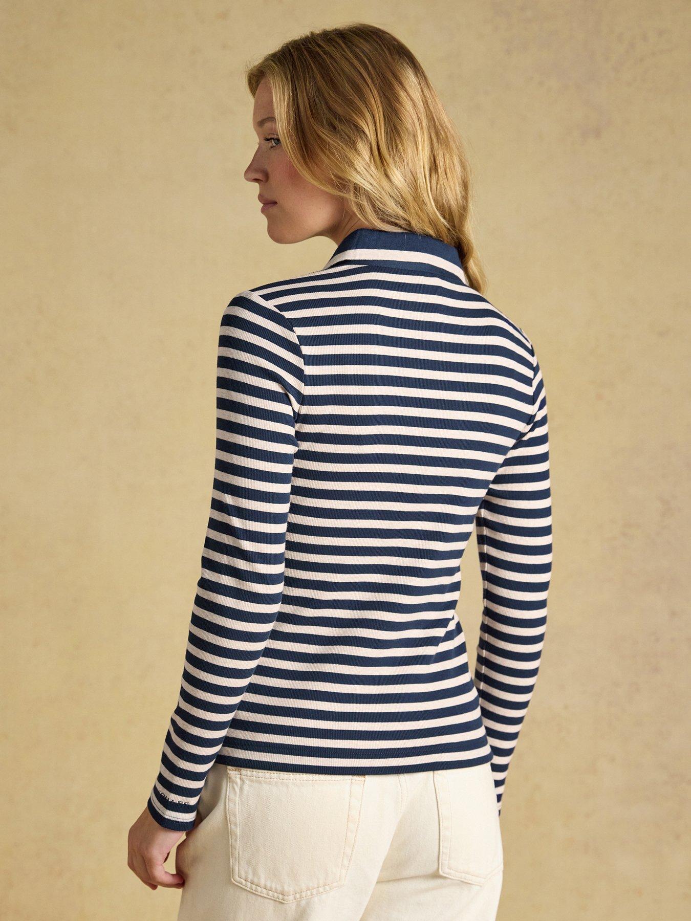 Image 2 of 7 of Joules Striped Long Sleeve Ribbed Polo Shirt - Navy &amp; Cream