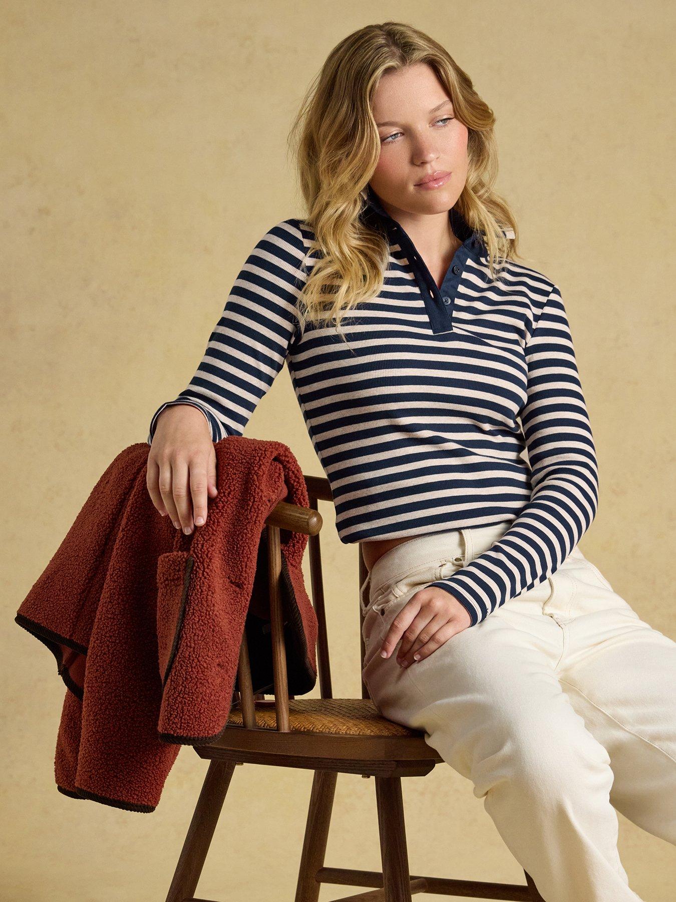 Image 3 of 7 of Joules Striped Long Sleeve Ribbed Polo Shirt - Navy &amp; Cream