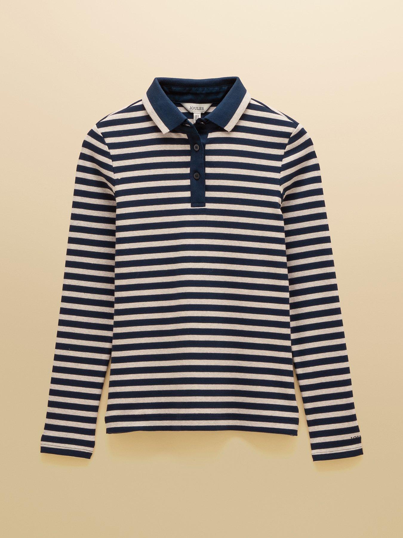 Image 7 of 7 of Joules Striped Long Sleeve Ribbed Polo Shirt - Navy &amp; Cream
