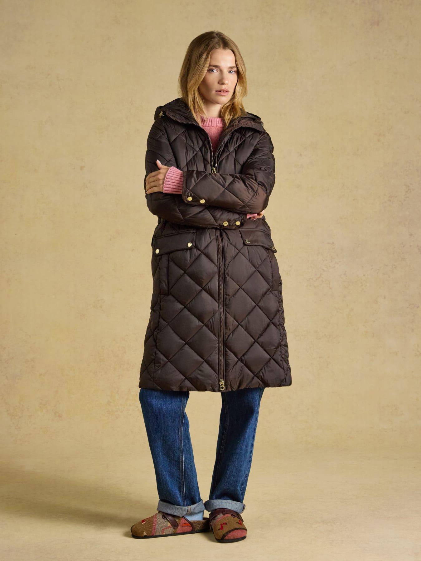 Joules Chessington Chocolate Brown Showerproof Longline Diamond Quilted Coat With Hood - Image 2