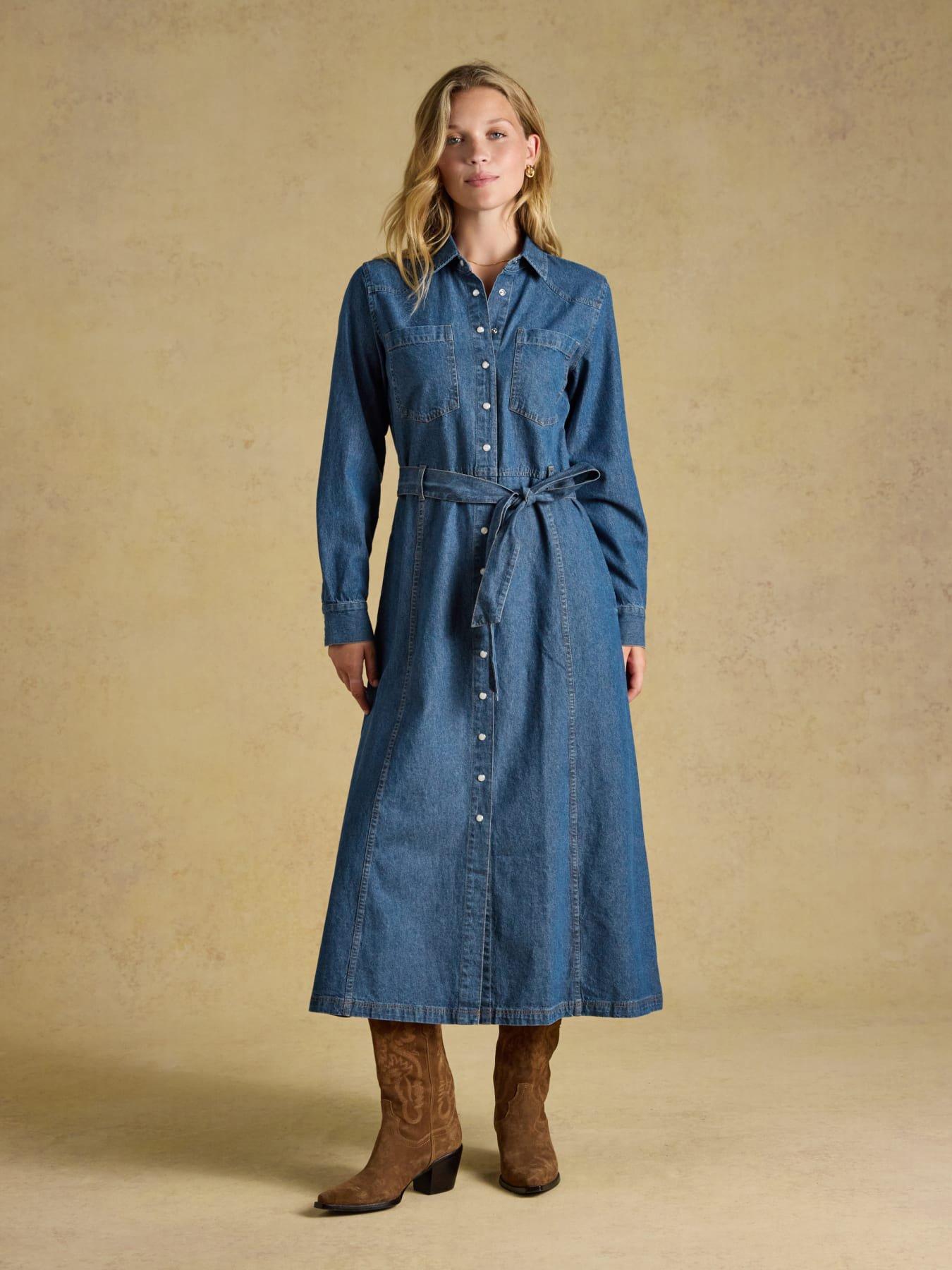 Joules Womens Tie Waist Popper Front Midi Shirt Dress, Blue, Size 10, Women