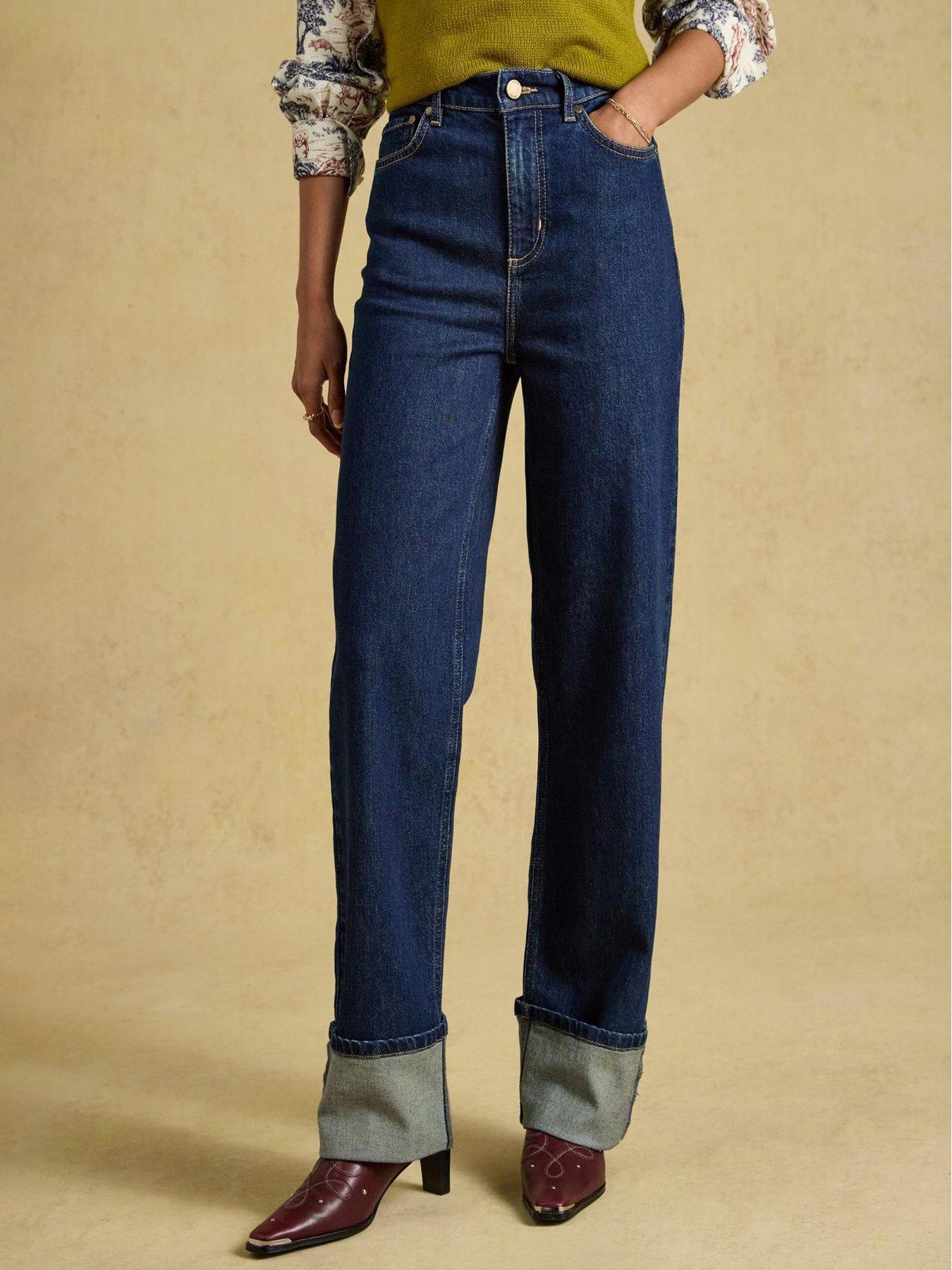 Joules Womens High Rise Turn Back Cuff Wide Leg Jeans - Blue