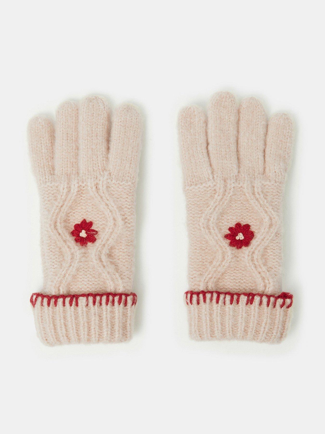 Image 1 of 3 of Accessorize Girls Cable Knit Flower Embroidered Gloves - Beige