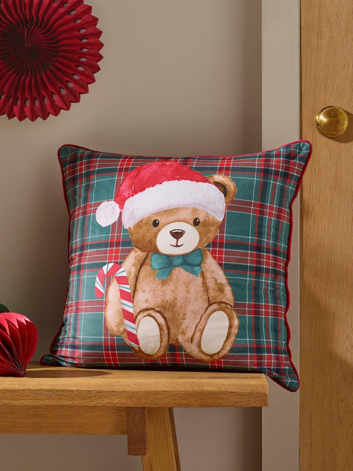 Catherine Lansfield Unisex Green 'Christmas Tartan Teddy Bear' Cushion In | Size: 45 Cm X 45 Cm - Image 9