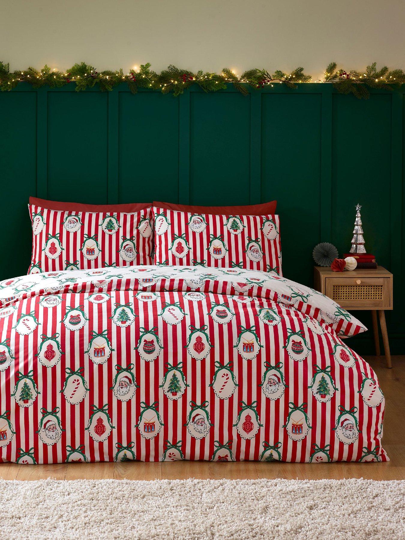 Catherine Lansfield Christmas Vintage Stripe Double Duvet Set Red