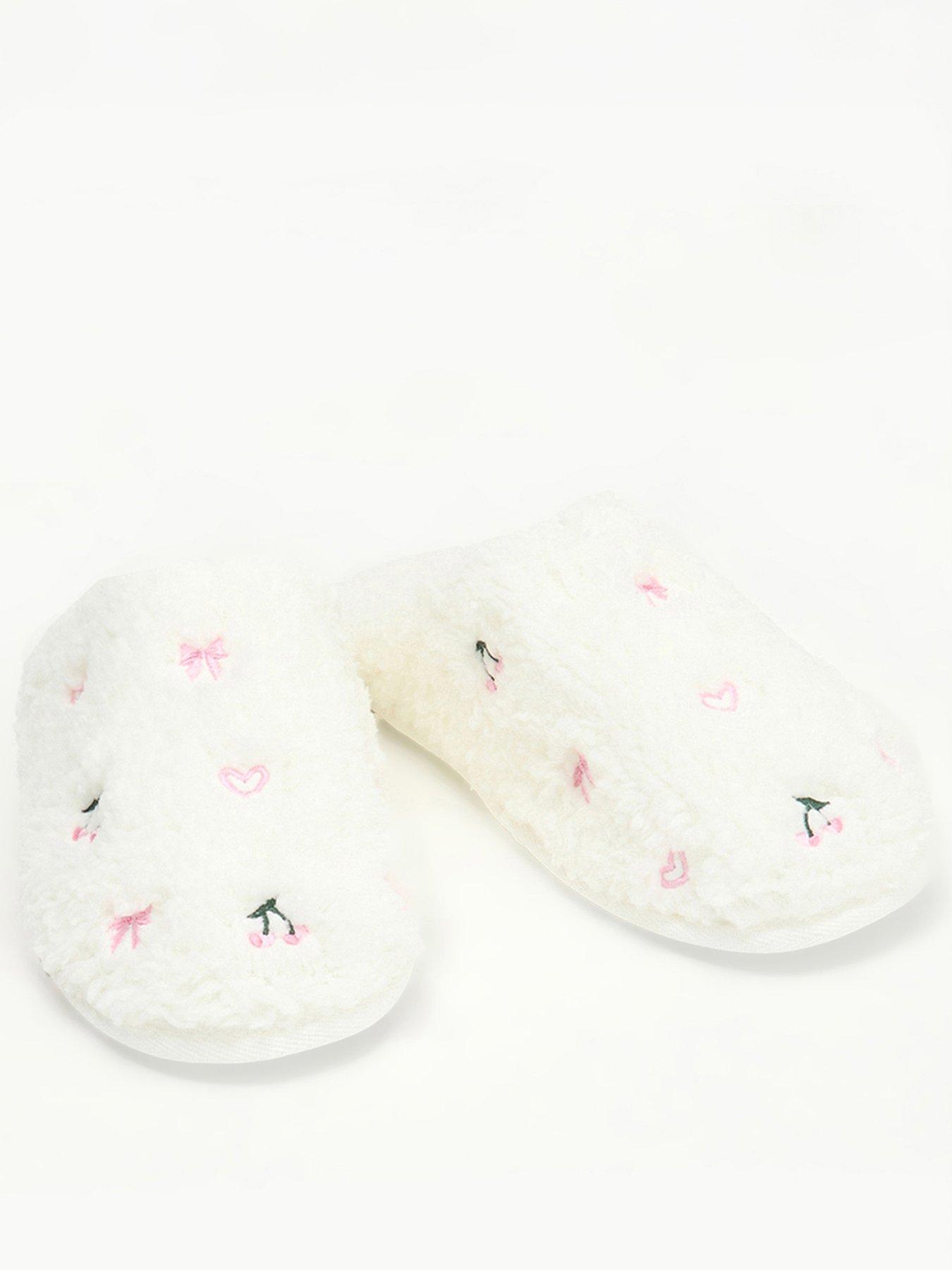 Boux Avenue Bow  &  Cherry Emb Borg Mule Slippers- Ivory Mix