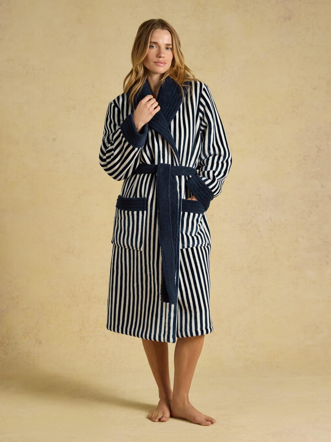 Joules Womens Matilda Fleece Tie Waist Dressing Gown, Navy, Size S-M, Women