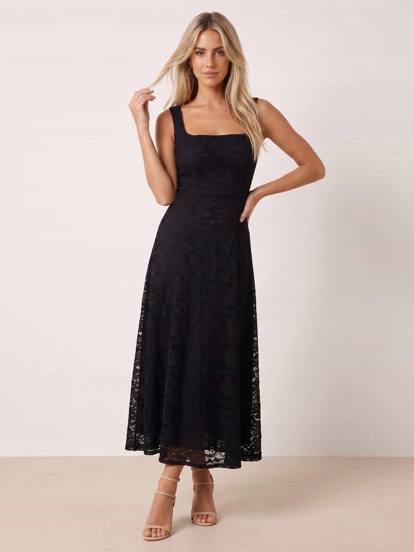 Image 1 of 5 of Style Cheat Womens Lace Square Neck Fit And Flare Dress - Black