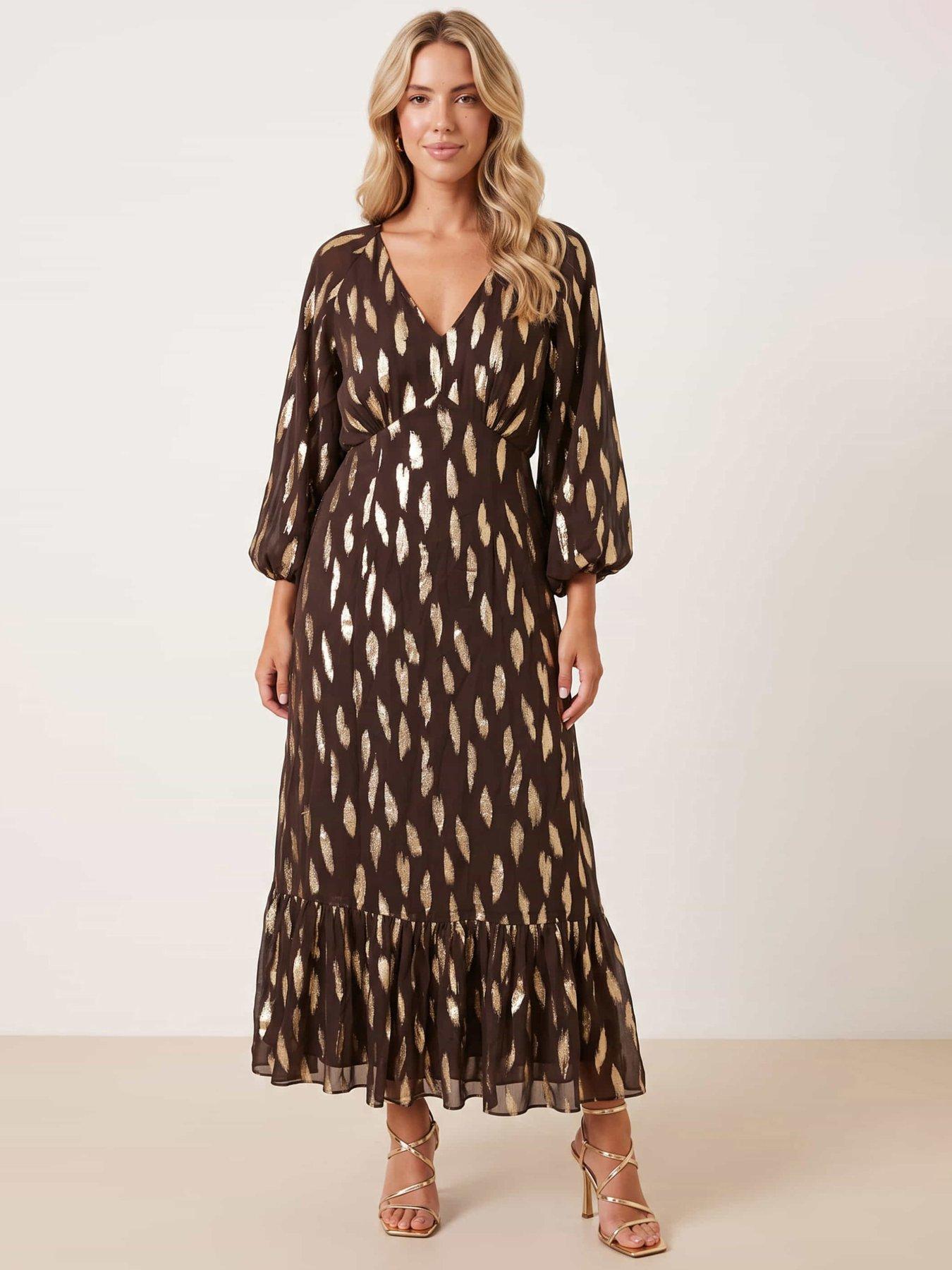 Image 1 of 4 of Style Cheat Lurex Tiered Dress - Brown