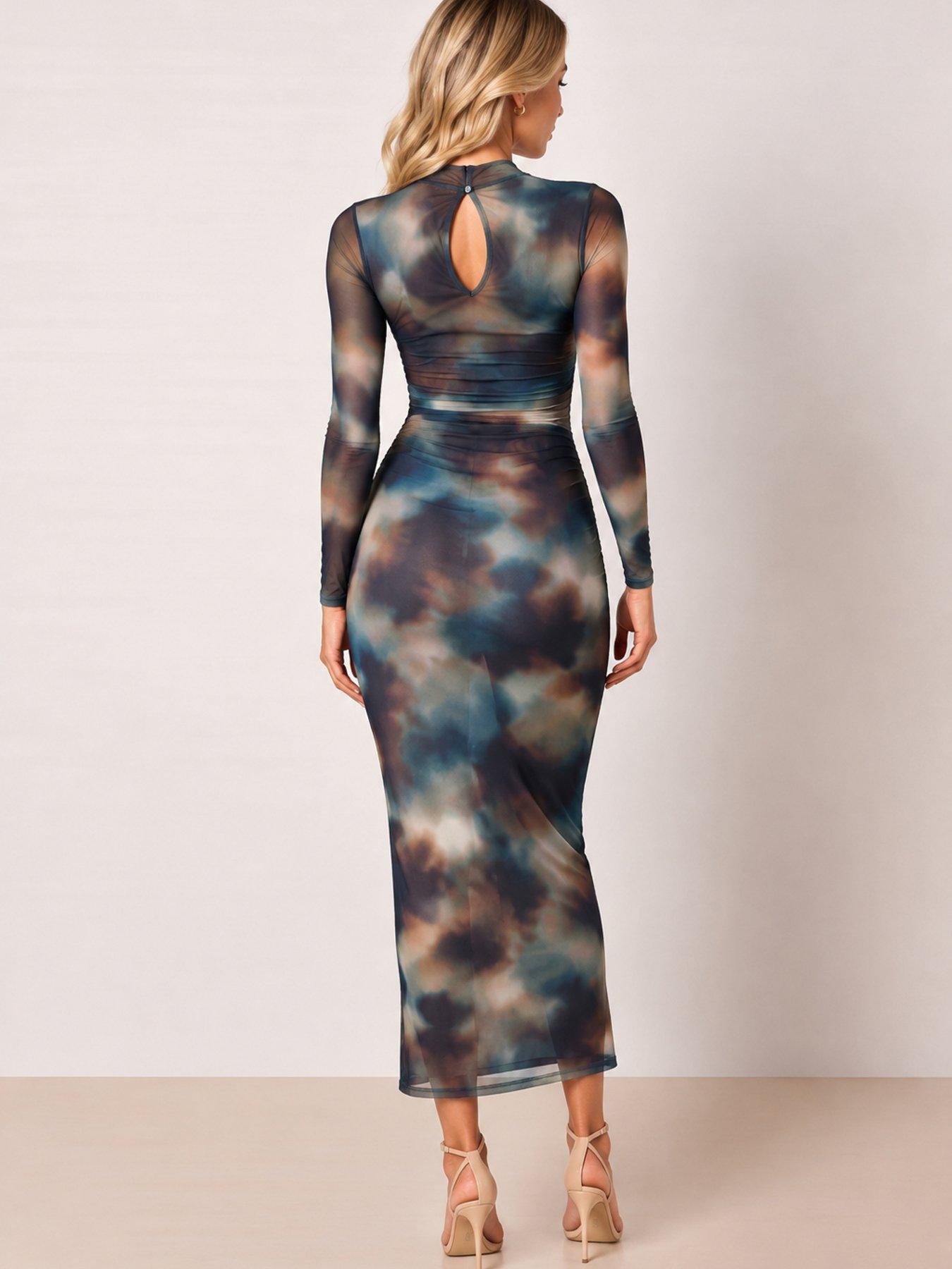 Image 2 of 3 of Style Cheat Womens Maeva Ruched Mesh Bodycon Midi Dress - Multi