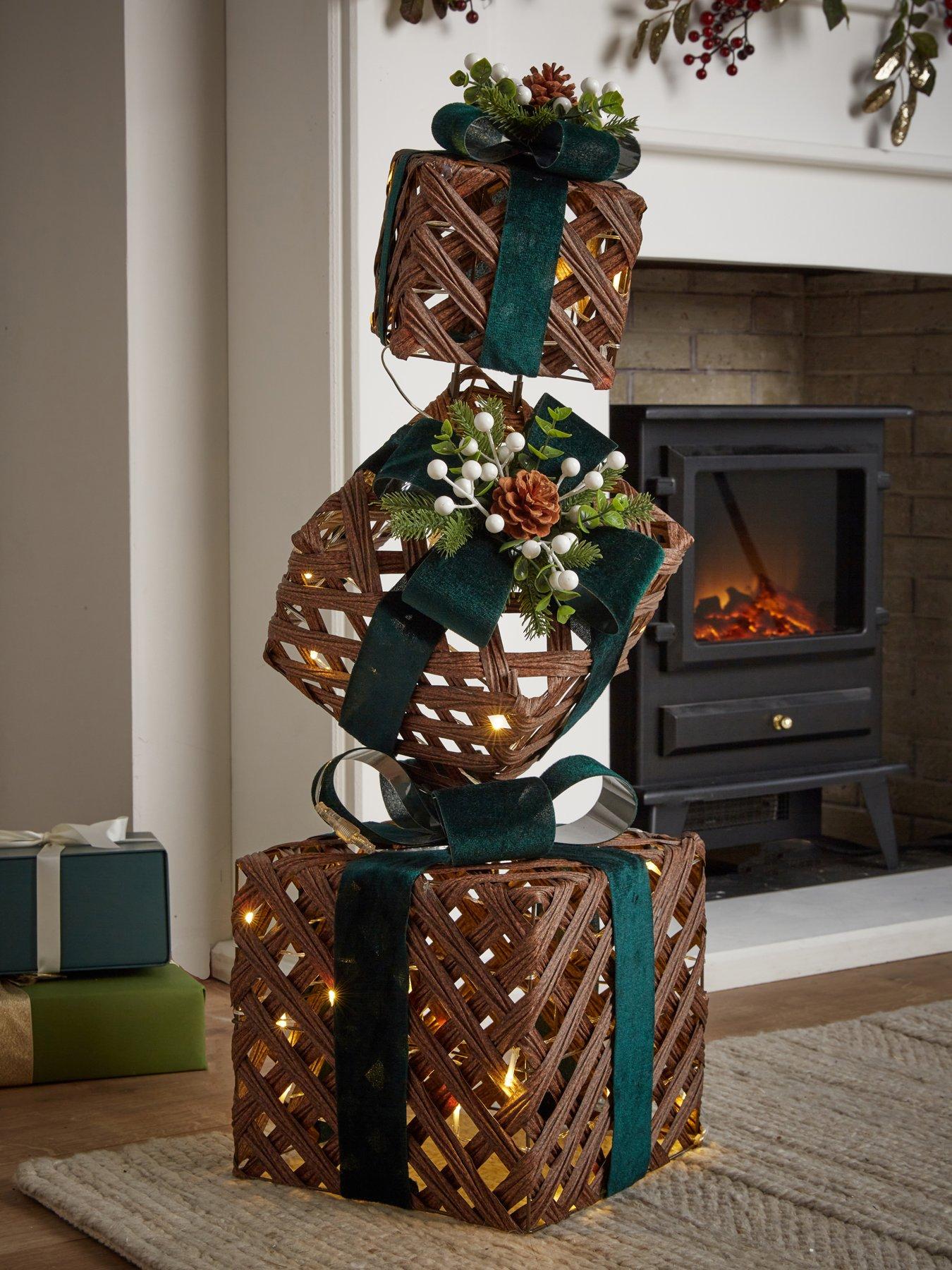 Festive Lit Light Faux Rattan Present Stack With Green Ribbon