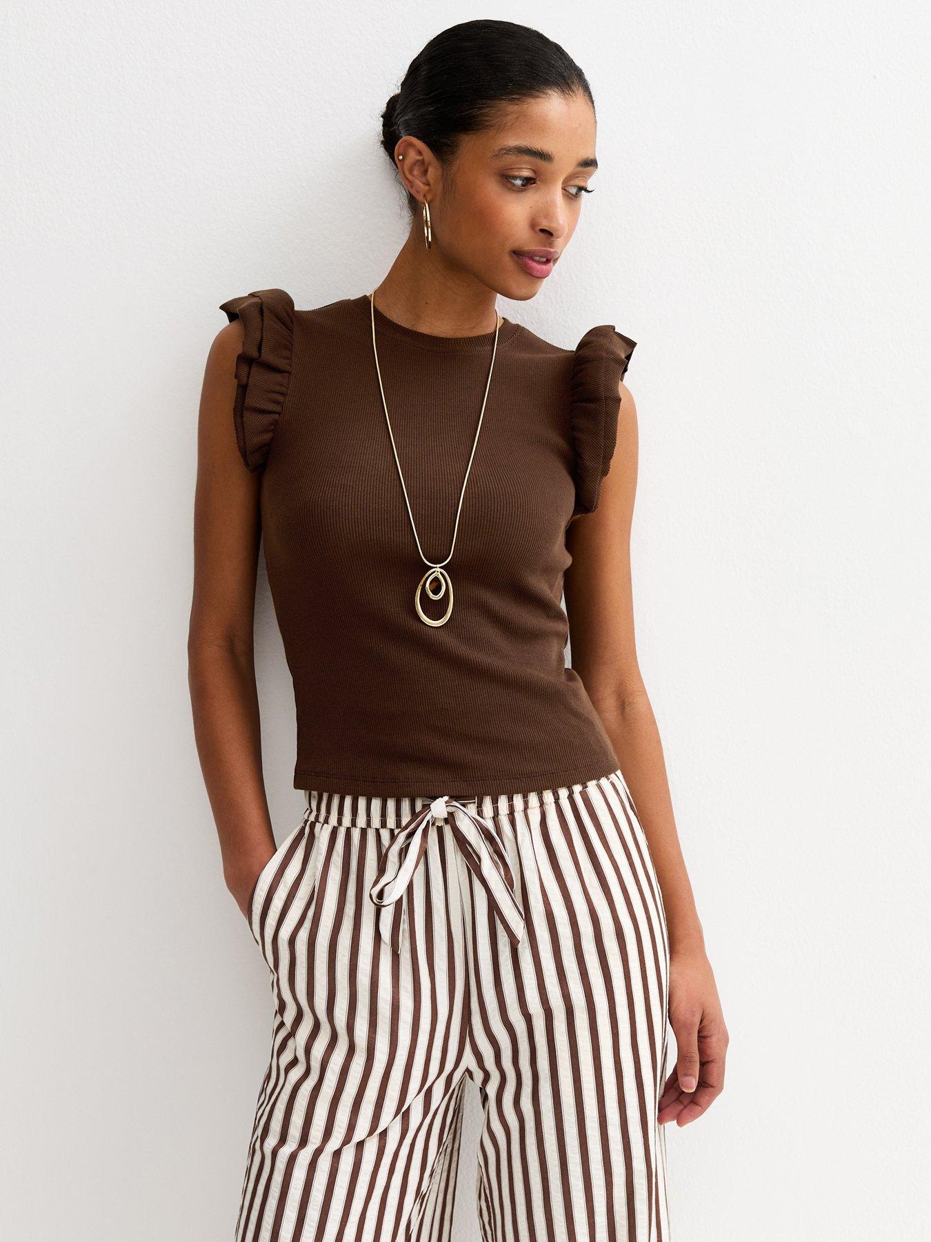 New Look Frill Sleeve Top - Brown