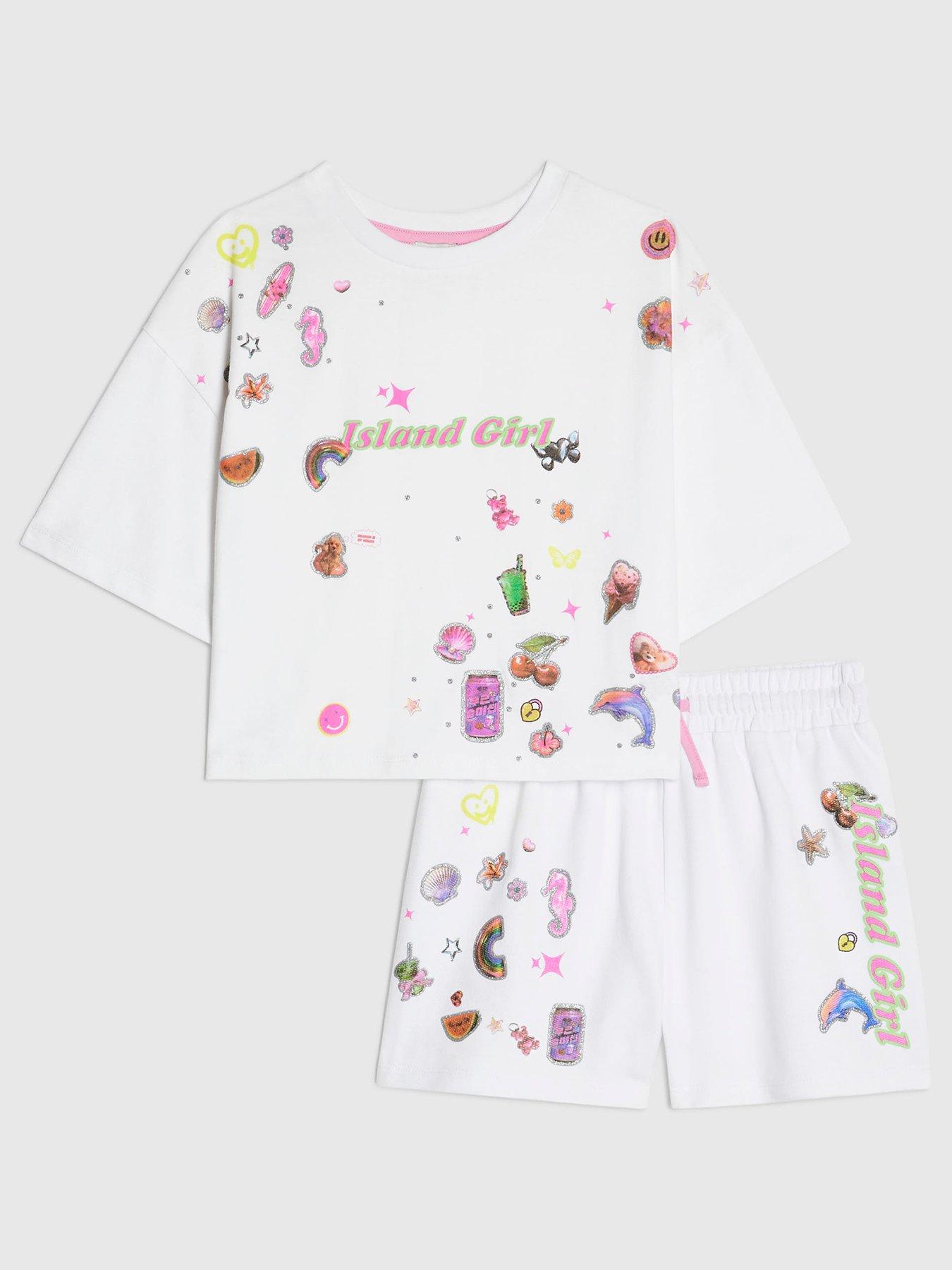 River Island Older Girls Girl Sticker T-Shirt And Shorts Set - White
