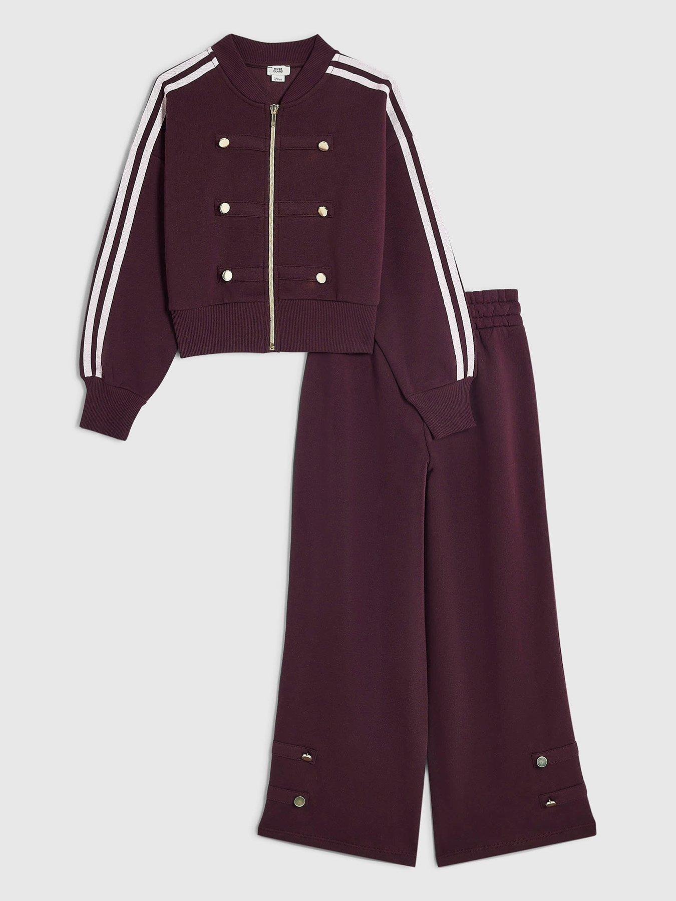 Image 1 of 5 of River Island Girls Drummer Bomber Tracksuit Set - Burgundy
