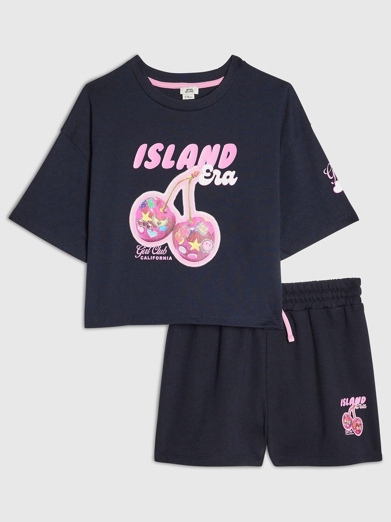 River Island Older Girls Cherry Era T-Shirt And Shorts Set - Navy