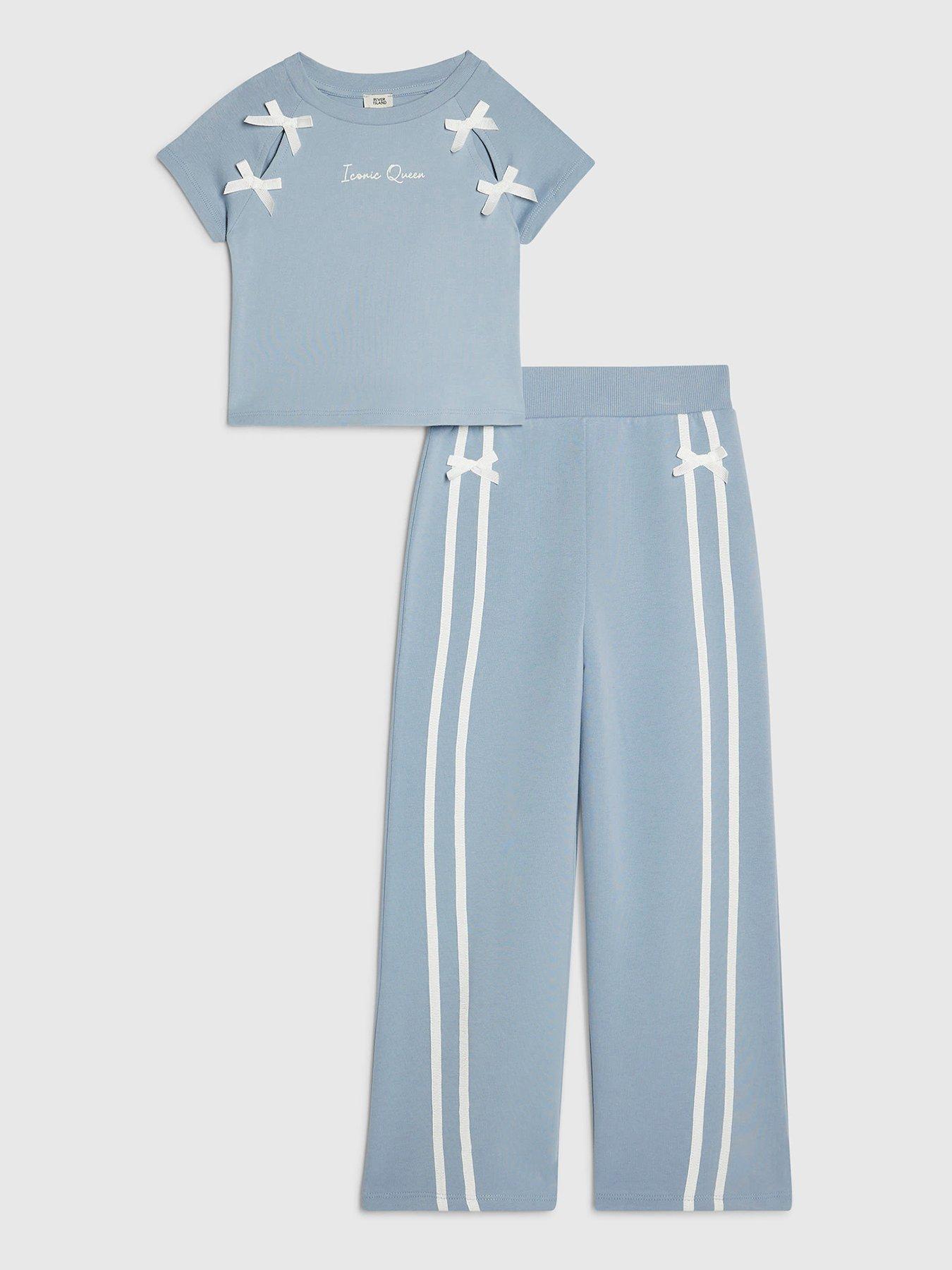 River Island Girls Bow Taped Wide Leg Joggers Set - Blue