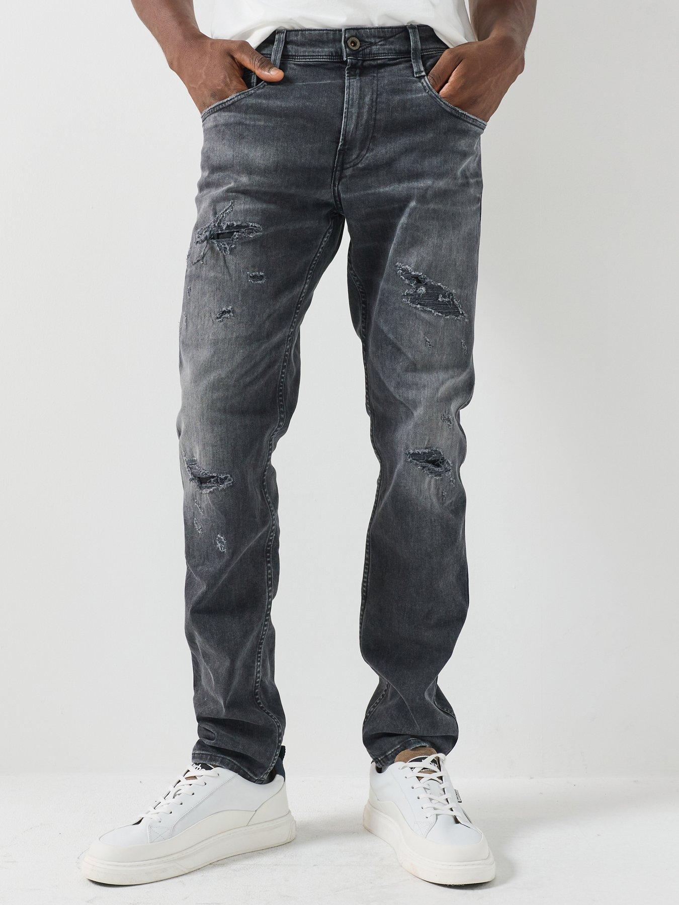 Image 1 of 6 of Replay Mens Anbass Distressed Slim Fit Jeans - Dark Grey