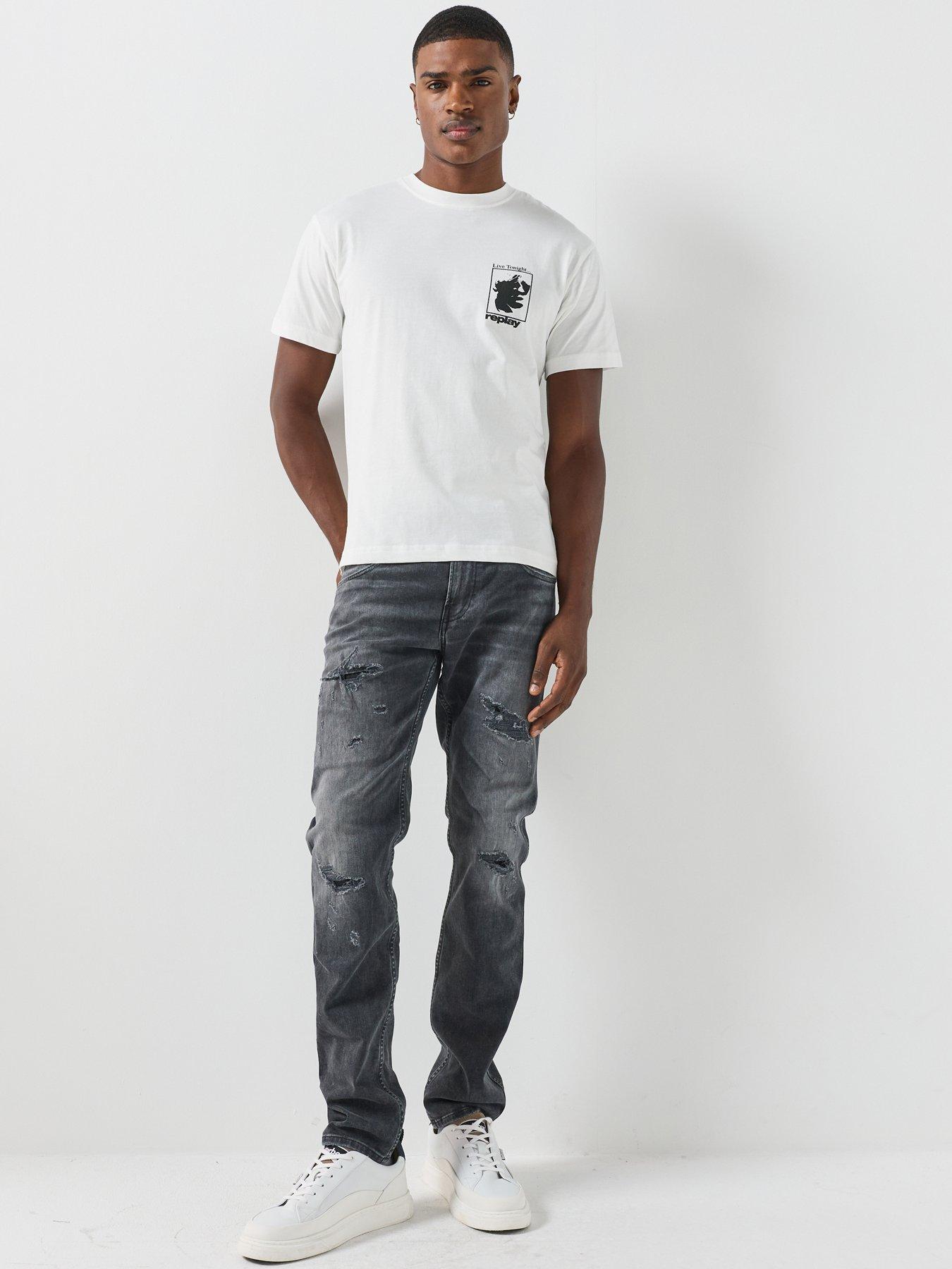 Image 3 of 6 of Replay Mens Anbass Distressed Slim Fit Jeans - Dark Grey