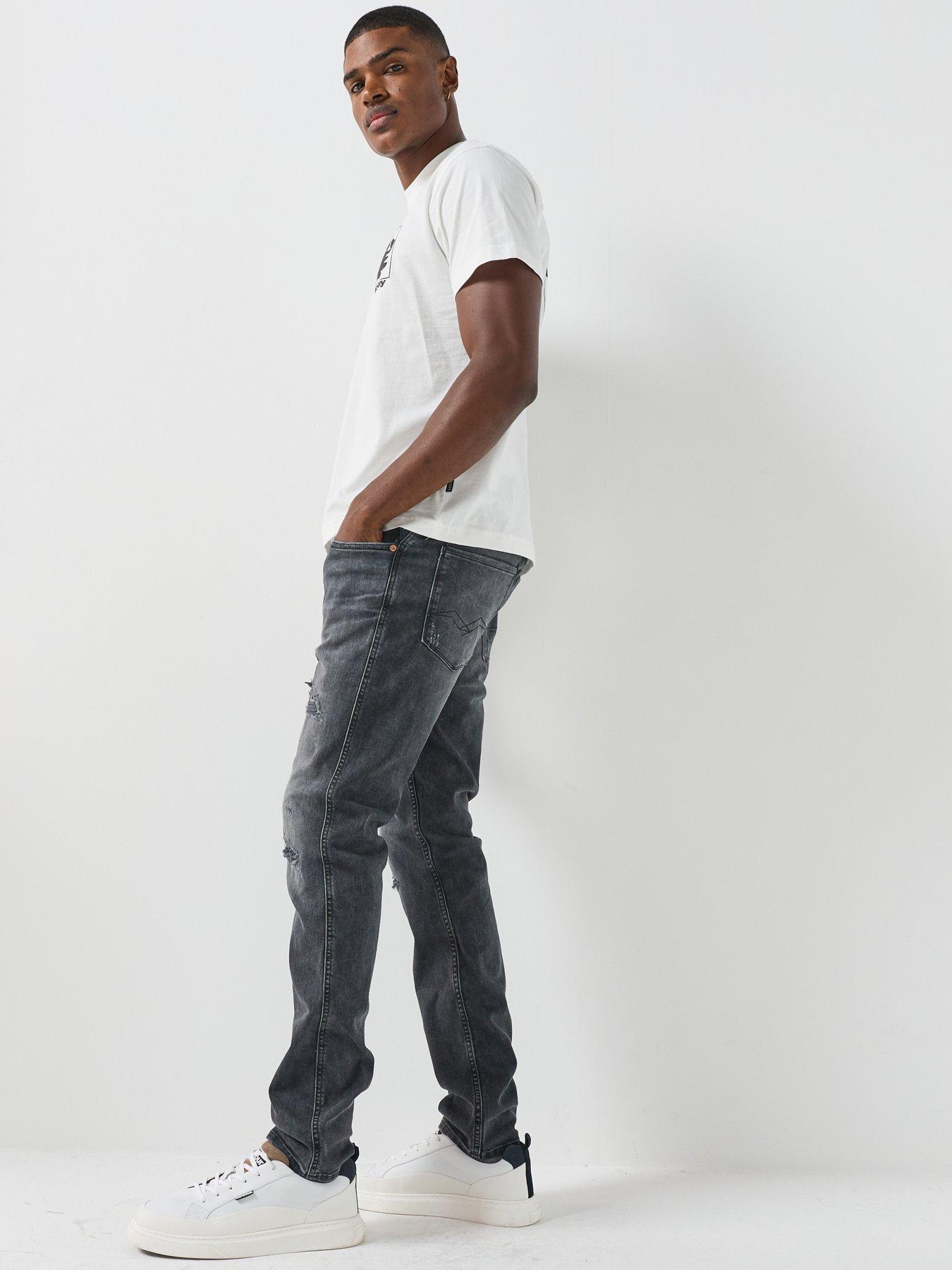 Image 4 of 6 of Replay Mens Anbass Distressed Slim Fit Jeans - Dark Grey