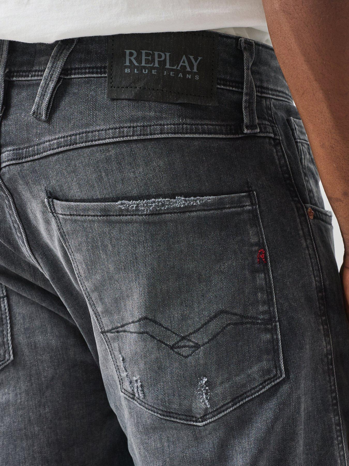 Image 6 of 6 of Replay Mens Anbass Distressed Slim Fit Jeans - Dark Grey