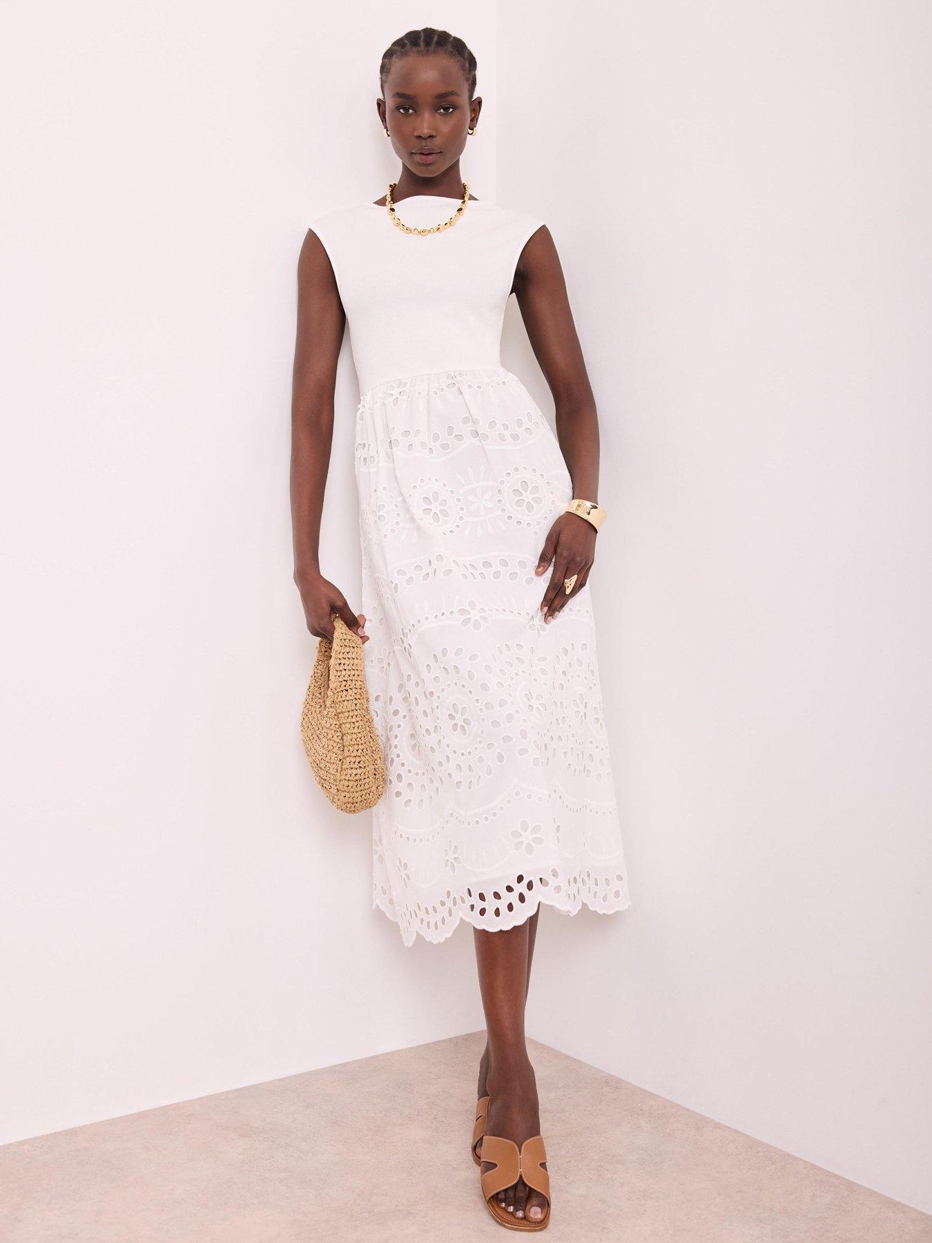 Mint Velvet Ivory Broderie Midi Dress - White