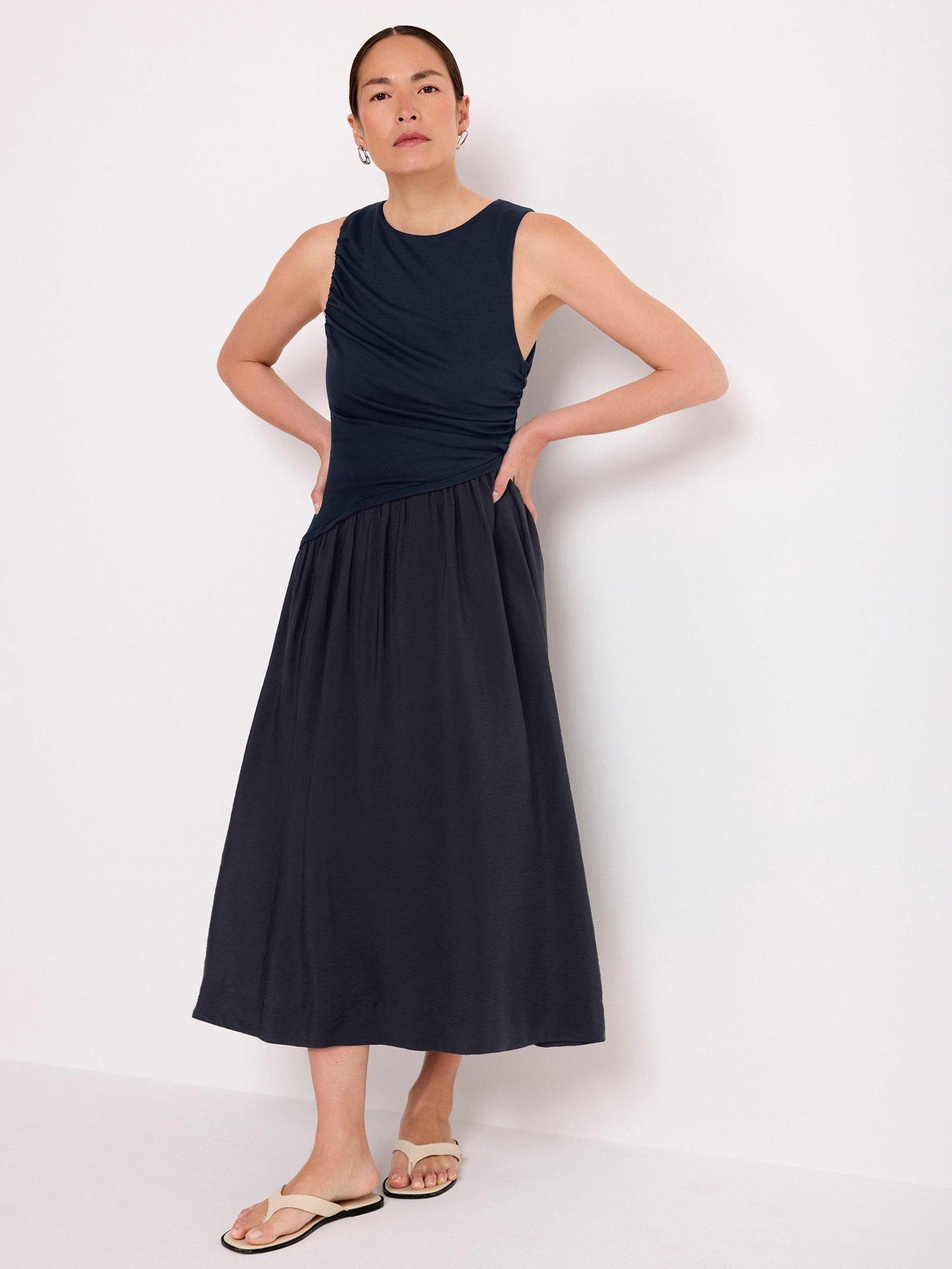 Mint Velvet Navy Asymmetric Waist Midi Dress - Blue