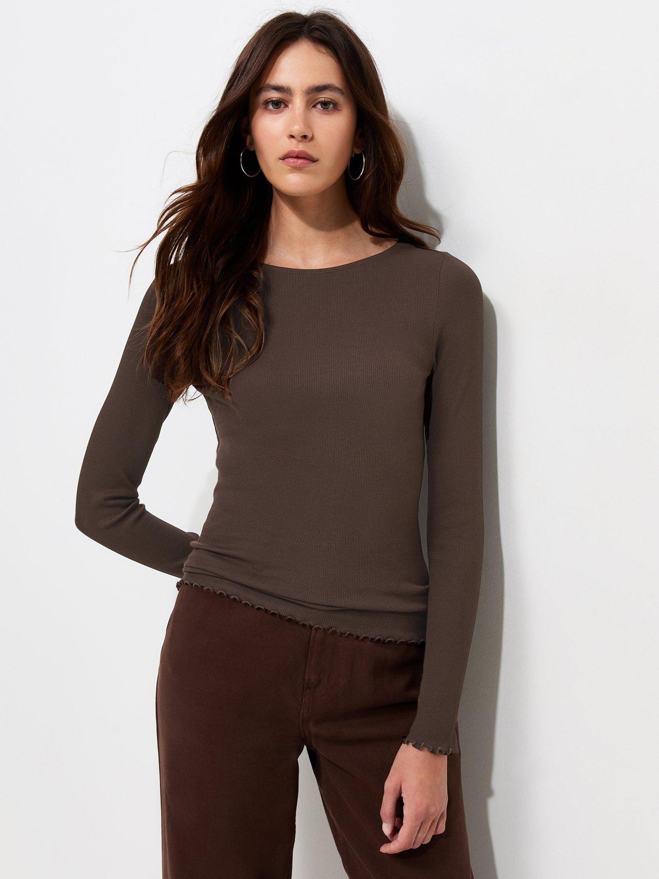 New Look Cotton Rich Babylock Slash Neck Long Sleeve Top - Dark Brown