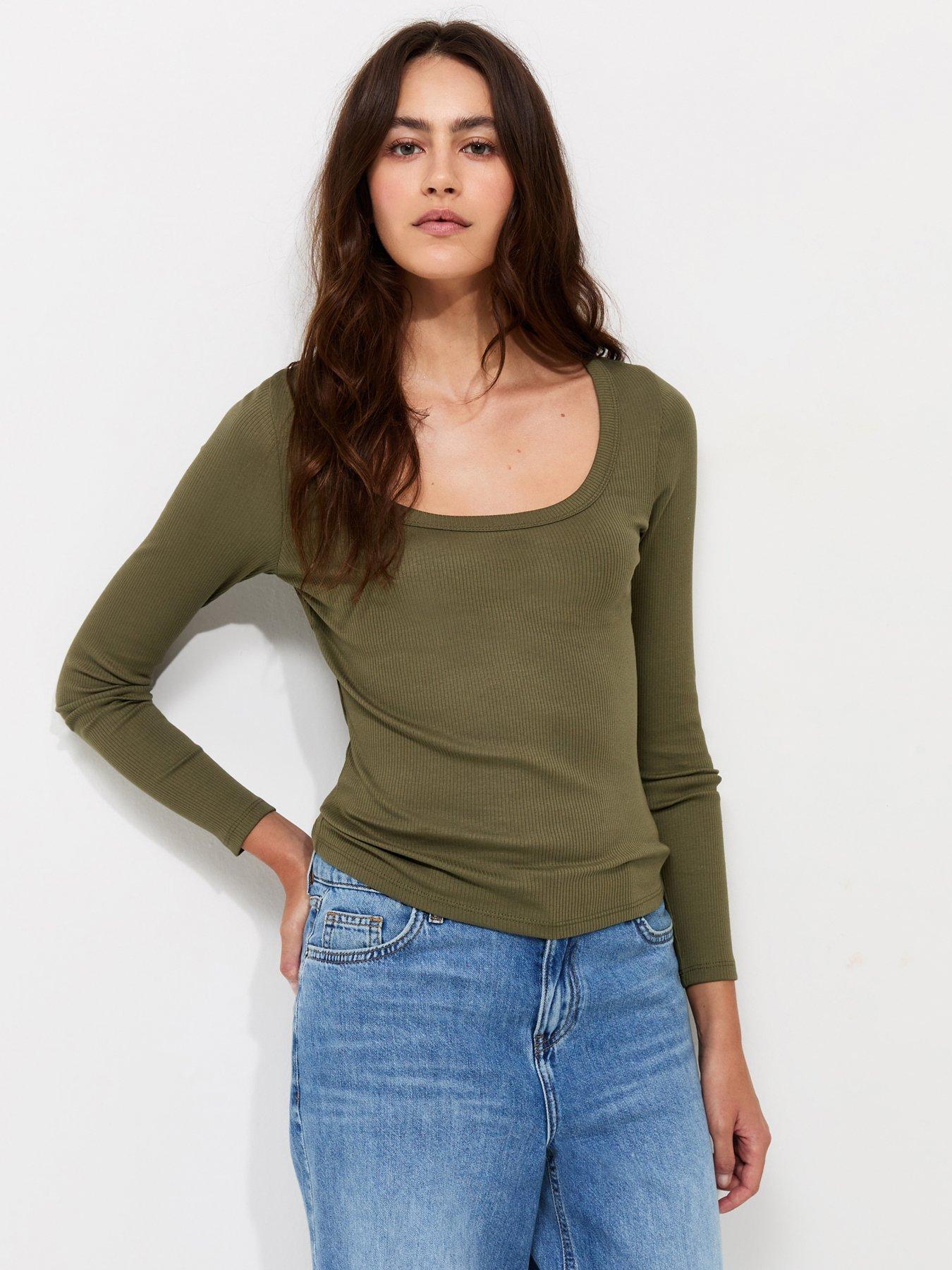 Image 1 of 6 of New Look Cotton Rich Long Sleeve Ribbed Scoop Neck Top - Green