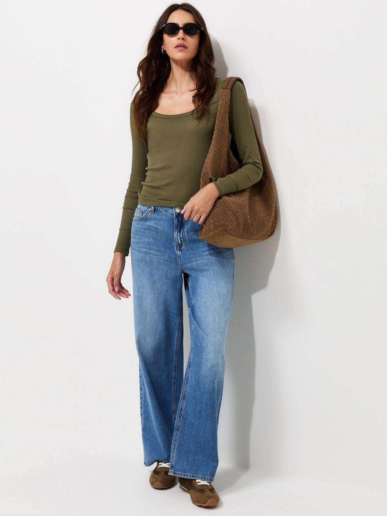 Image 3 of 6 of New Look Cotton Rich Long Sleeve Ribbed Scoop Neck Top - Green