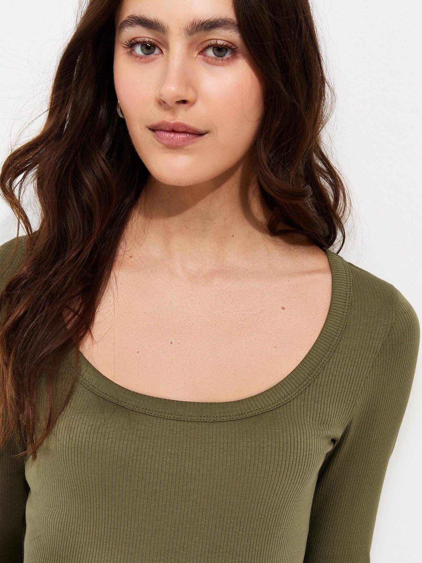 Image 4 of 6 of New Look Cotton Rich Long Sleeve Ribbed Scoop Neck Top - Green