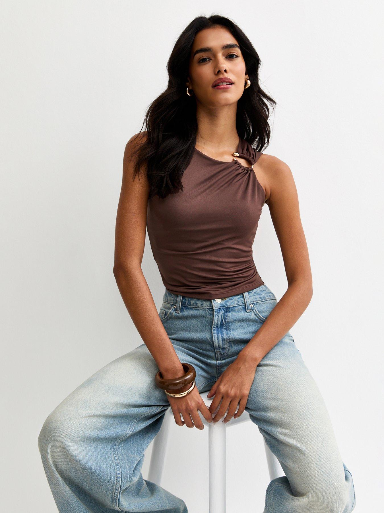 New Look Jersey Asymmetric Hardware Detail Tank Top - Brown