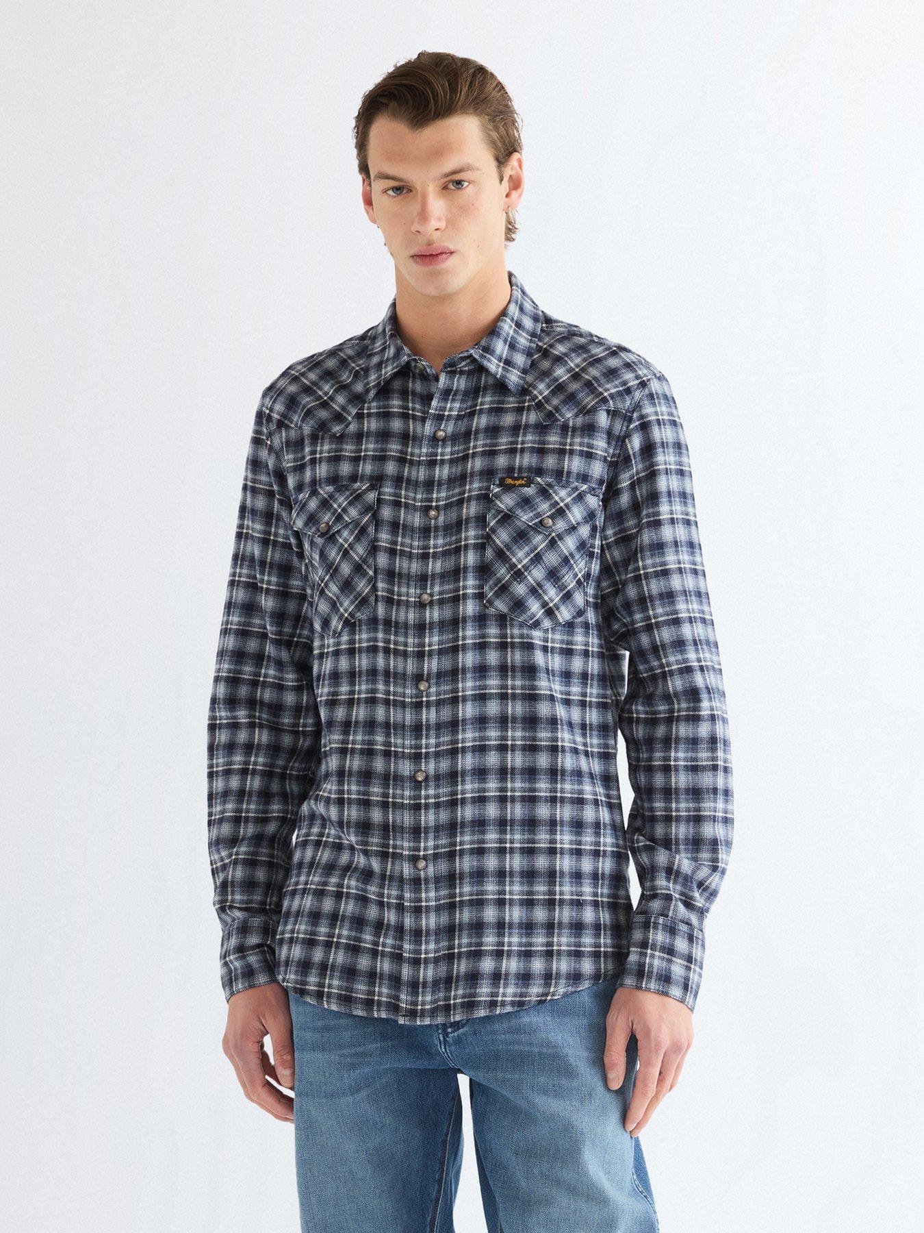 Wrangler Western Check Long Sleeve Shirt, Dark Blue, Size L, Men