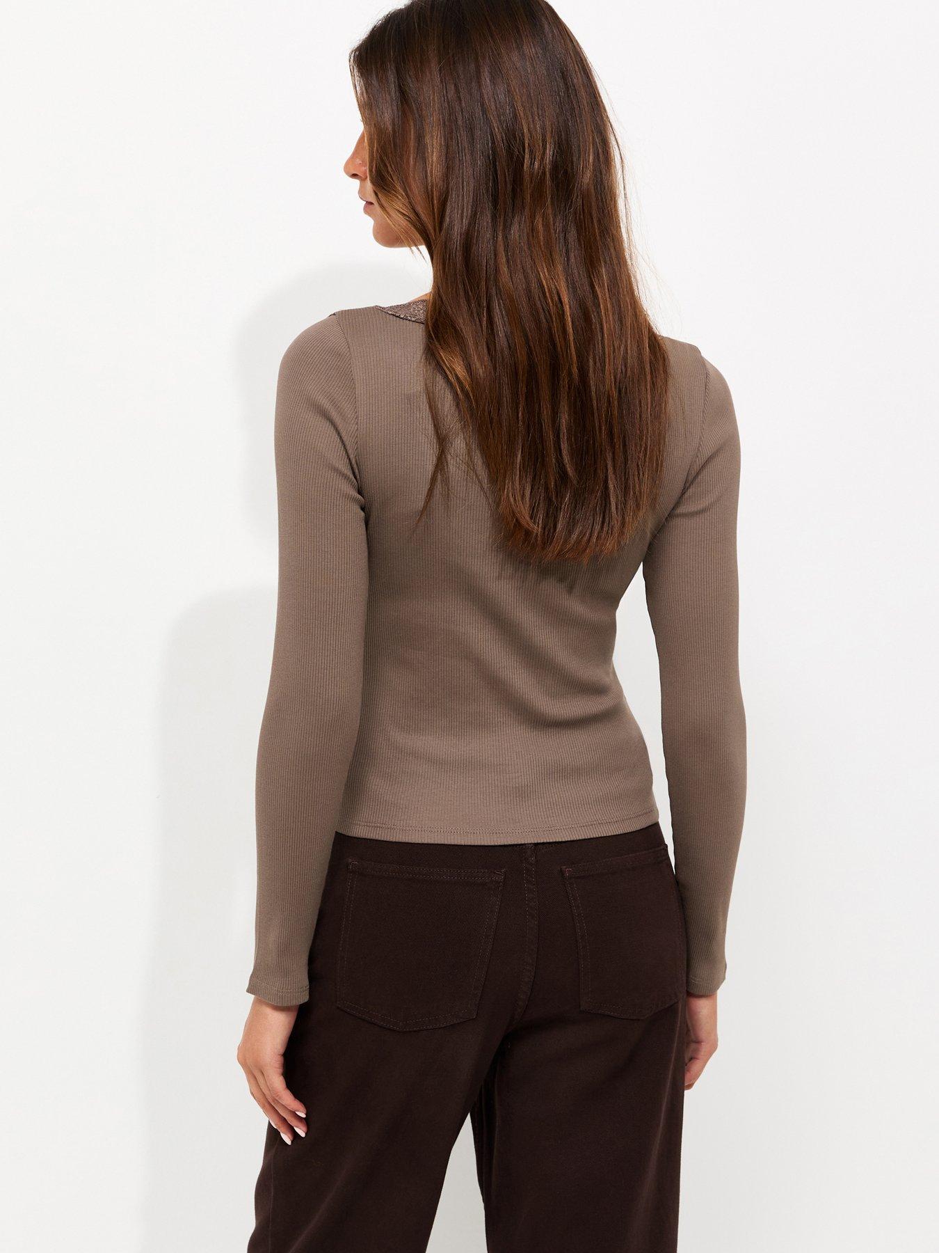 Image 2 of 6 of New Look Womens Cotton Rich Lace Trim Ribbed V-Neck Top- Brown