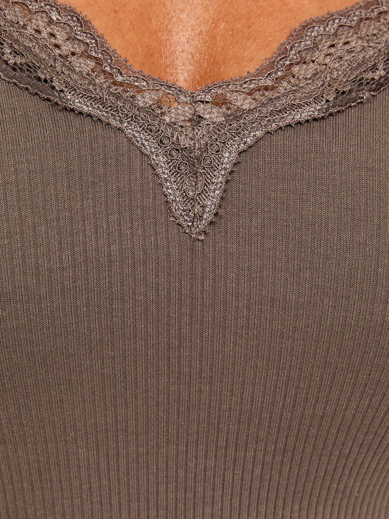Image 5 of 6 of New Look Womens Cotton Rich Lace Trim Ribbed V-Neck Top- Brown