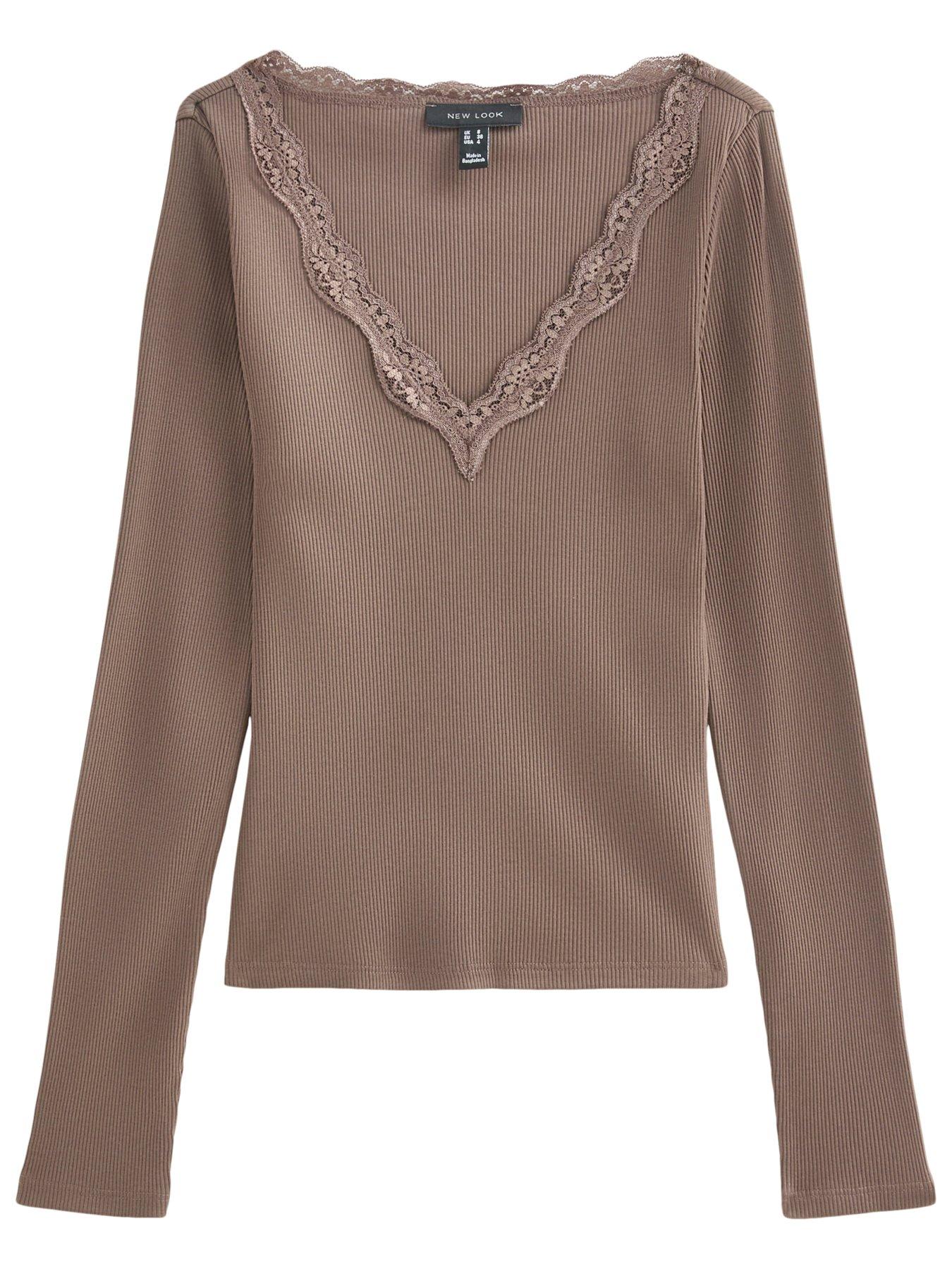 Image 6 of 6 of New Look Womens Cotton Rich Lace Trim Ribbed V-Neck Top- Brown