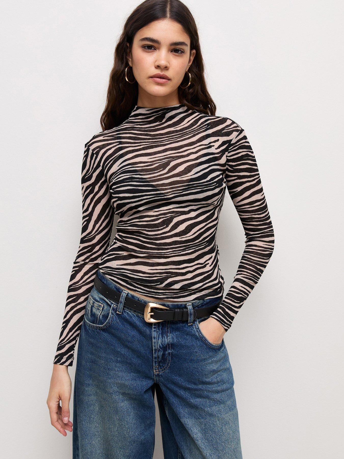 Image 1 of 4 of New Look Zebra Print High Neck Long Sleeve Mesh Top - Brown