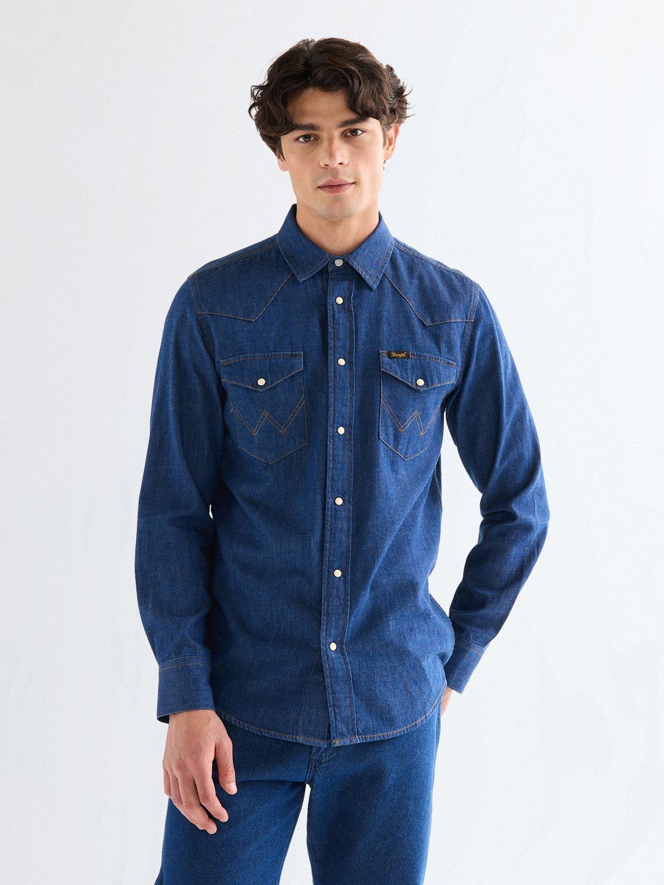 Wrangler Western Denim Long Sleeve Shirt, Dark Blue, Size M, Men