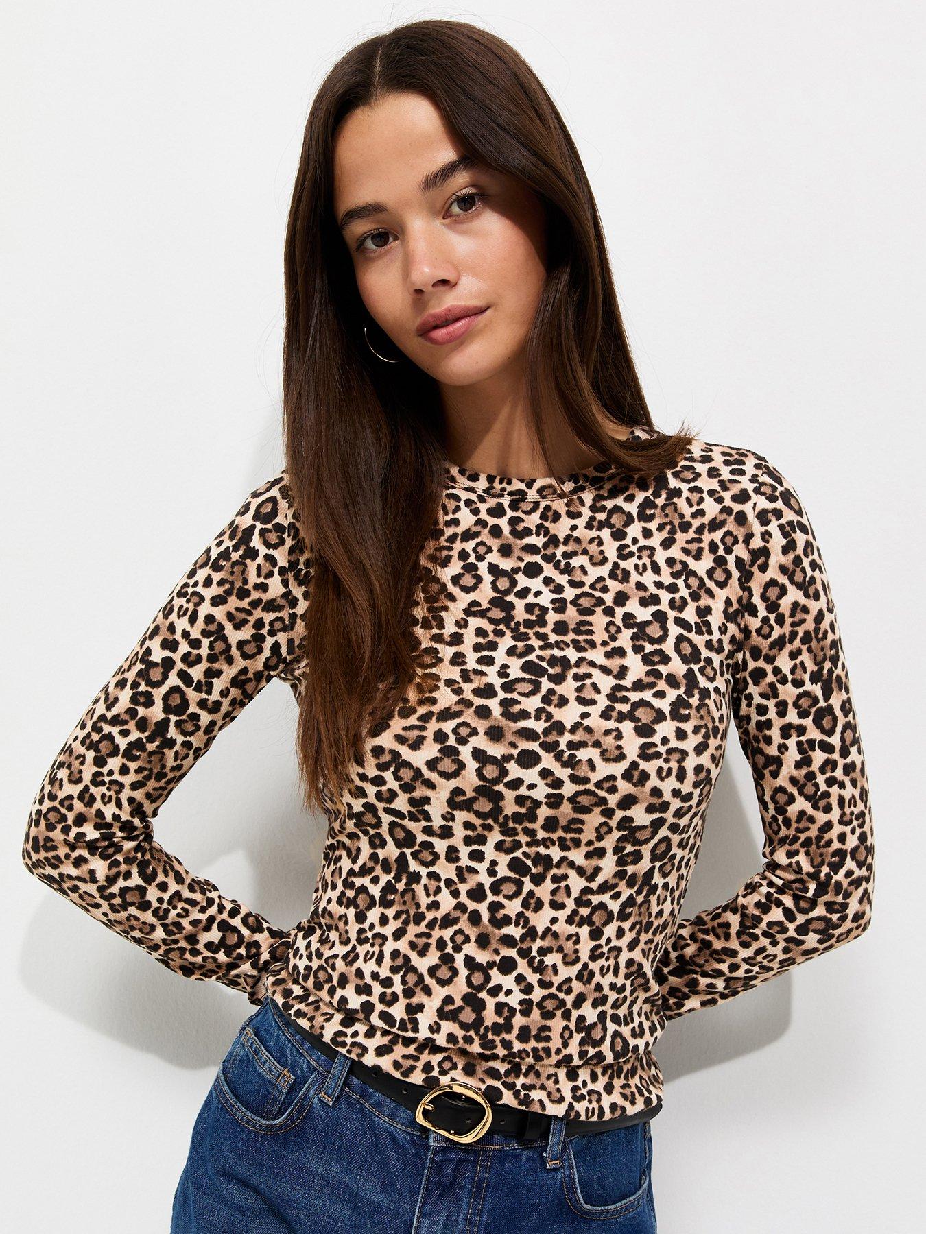 Image 1 of 6 of New Look Womens Cotton Rich Ribbed Leopard Print Blouse - Brown