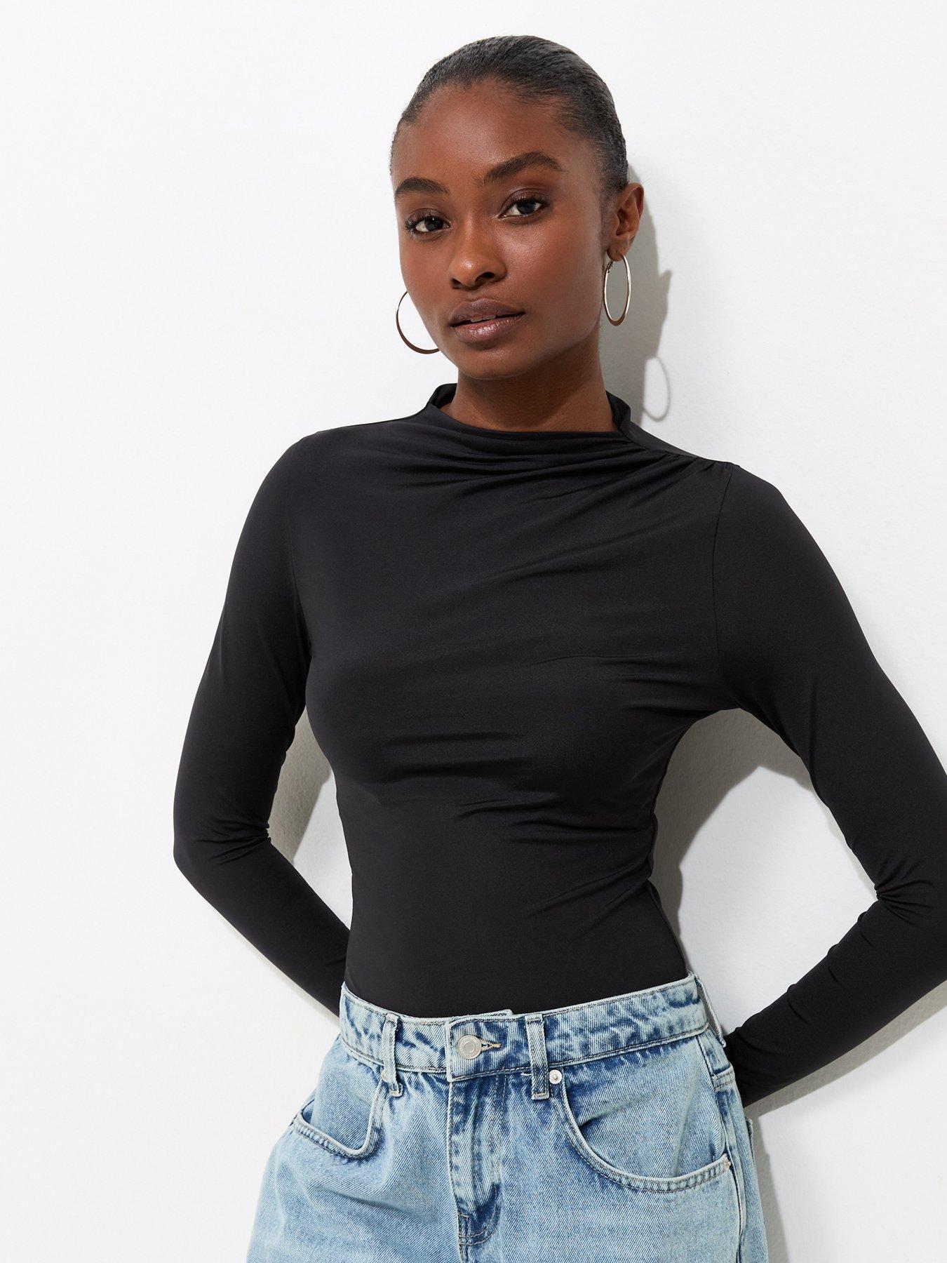 New Look Slinky Draped High Neck Long Sleeve Bodysuit - Black
