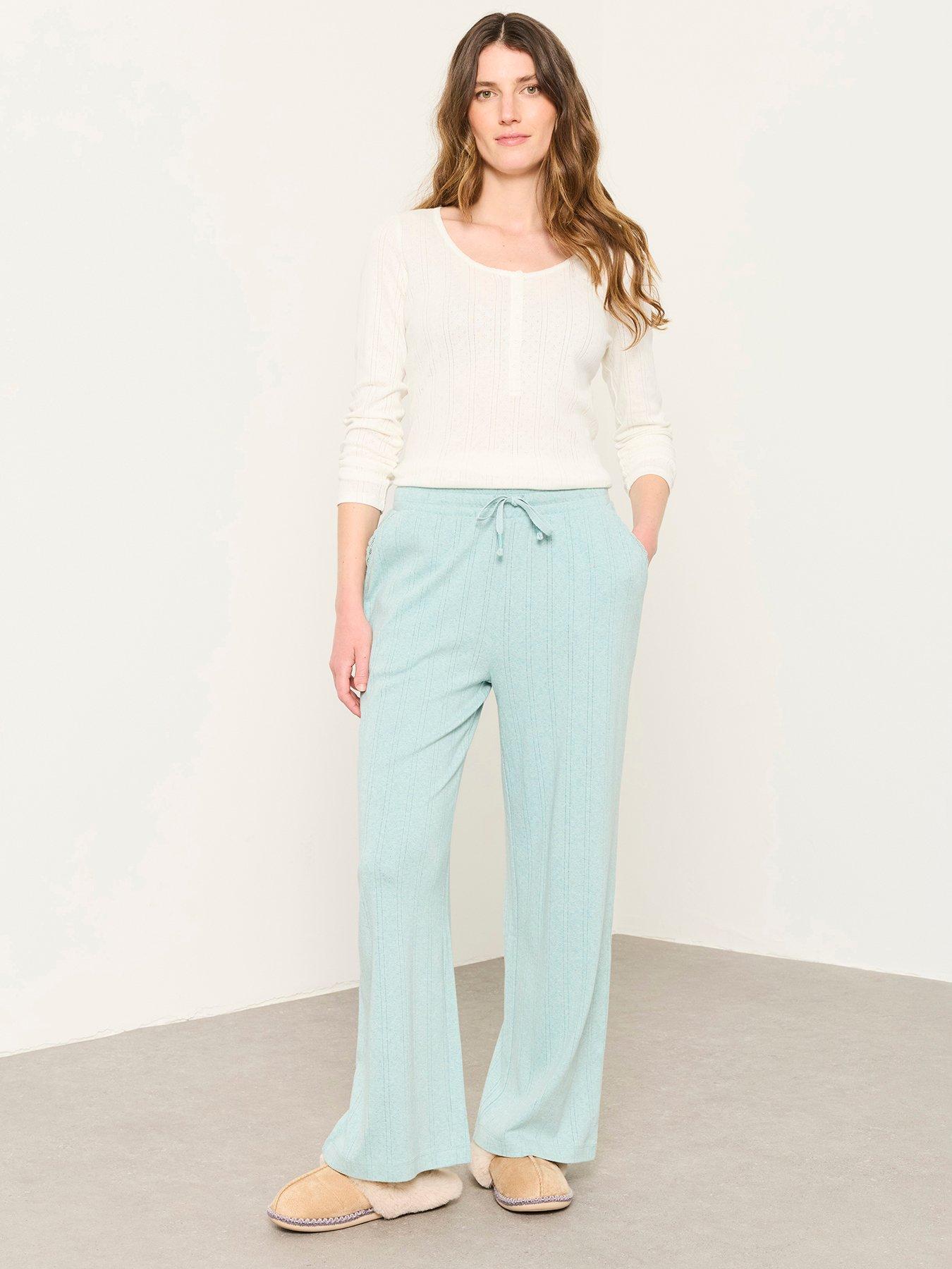 Image 1 of 7 of FatFace Womens Pointelle Drawcord Wide Leg Pyjama Bottoms - Light Green
