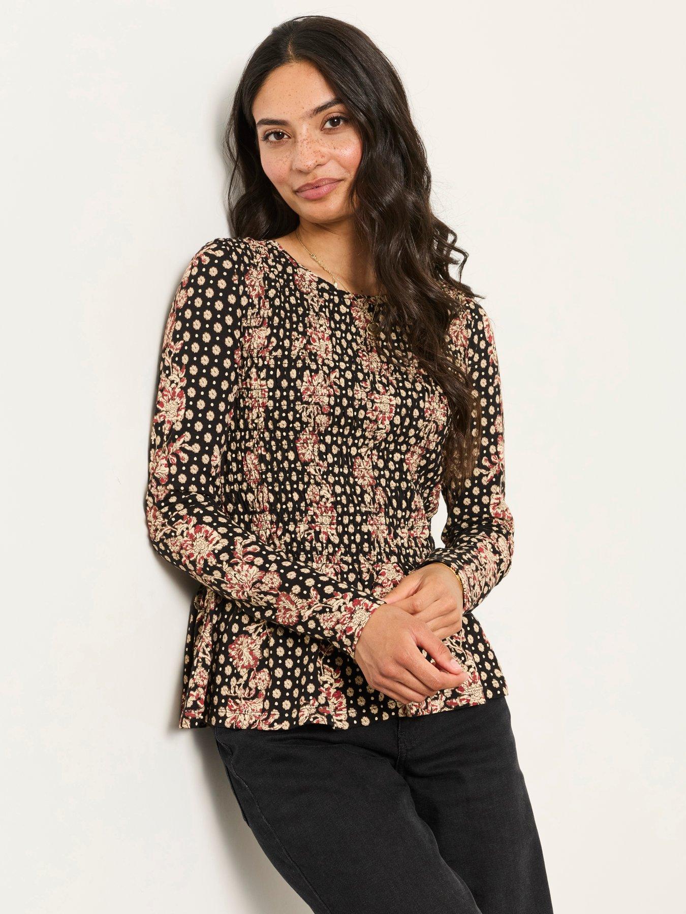 Image 1 of 6 of FatFace Women's Sara Linear Sketch Shirred Peplum Long Sleeve Top - Black