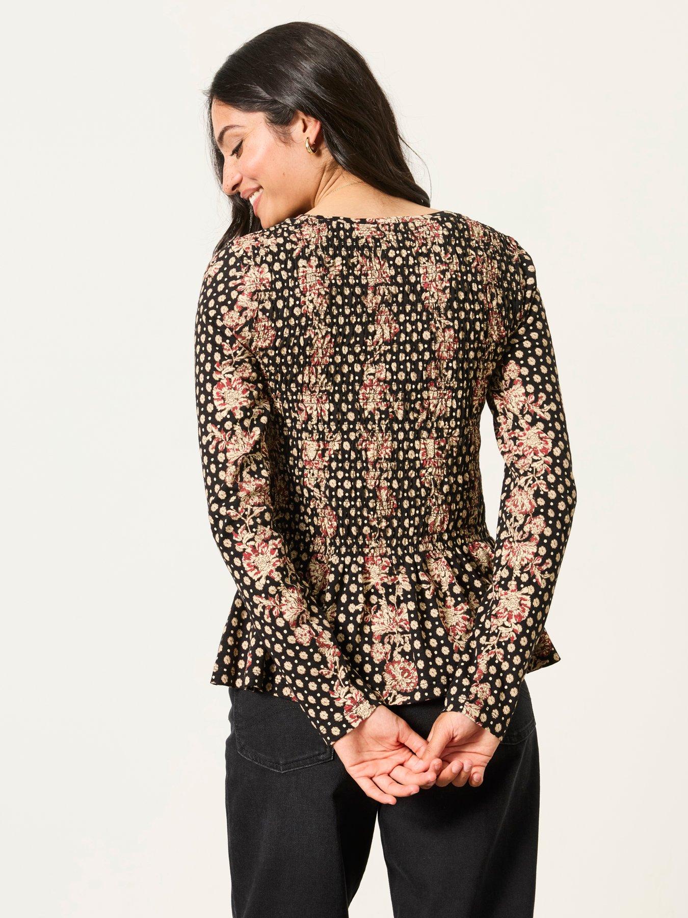 Image 2 of 6 of FatFace Women's Sara Linear Sketch Shirred Peplum Long Sleeve Top - Black